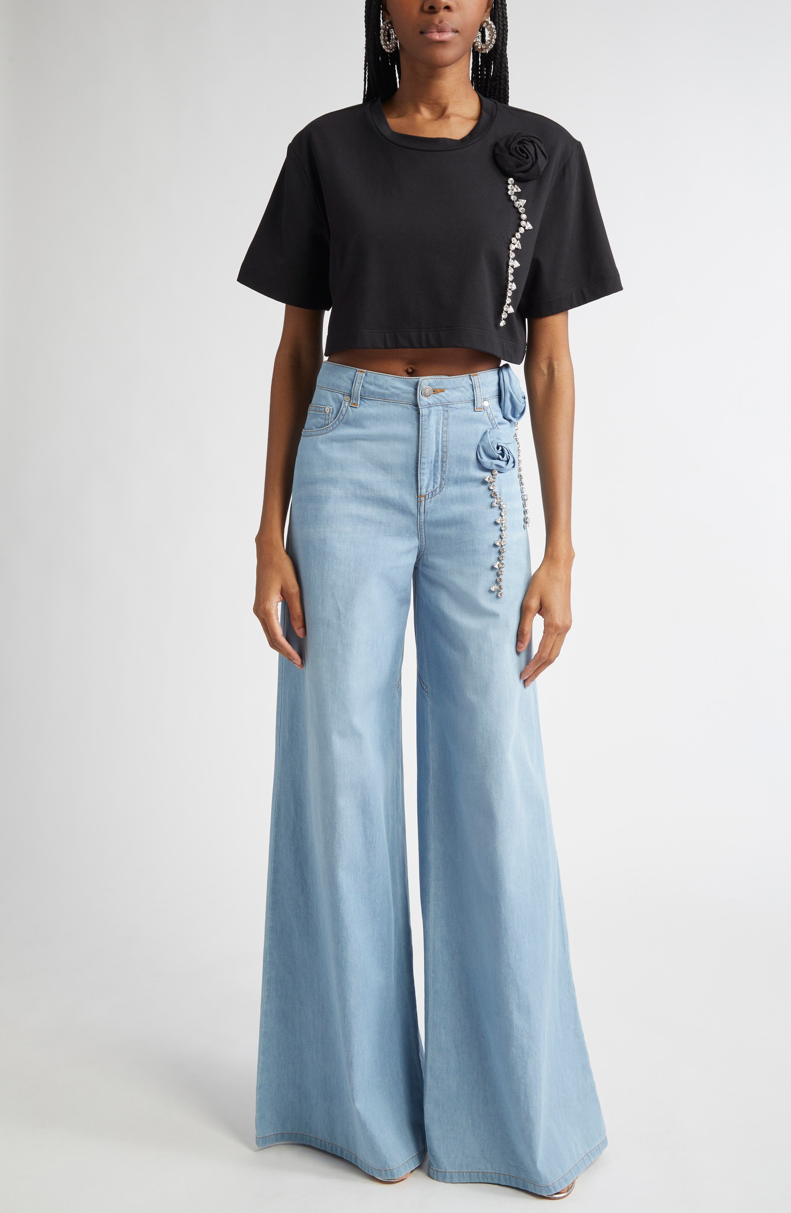 Area Crystal Rosette Crop T-Shirt in Black at Nordstrom - 2