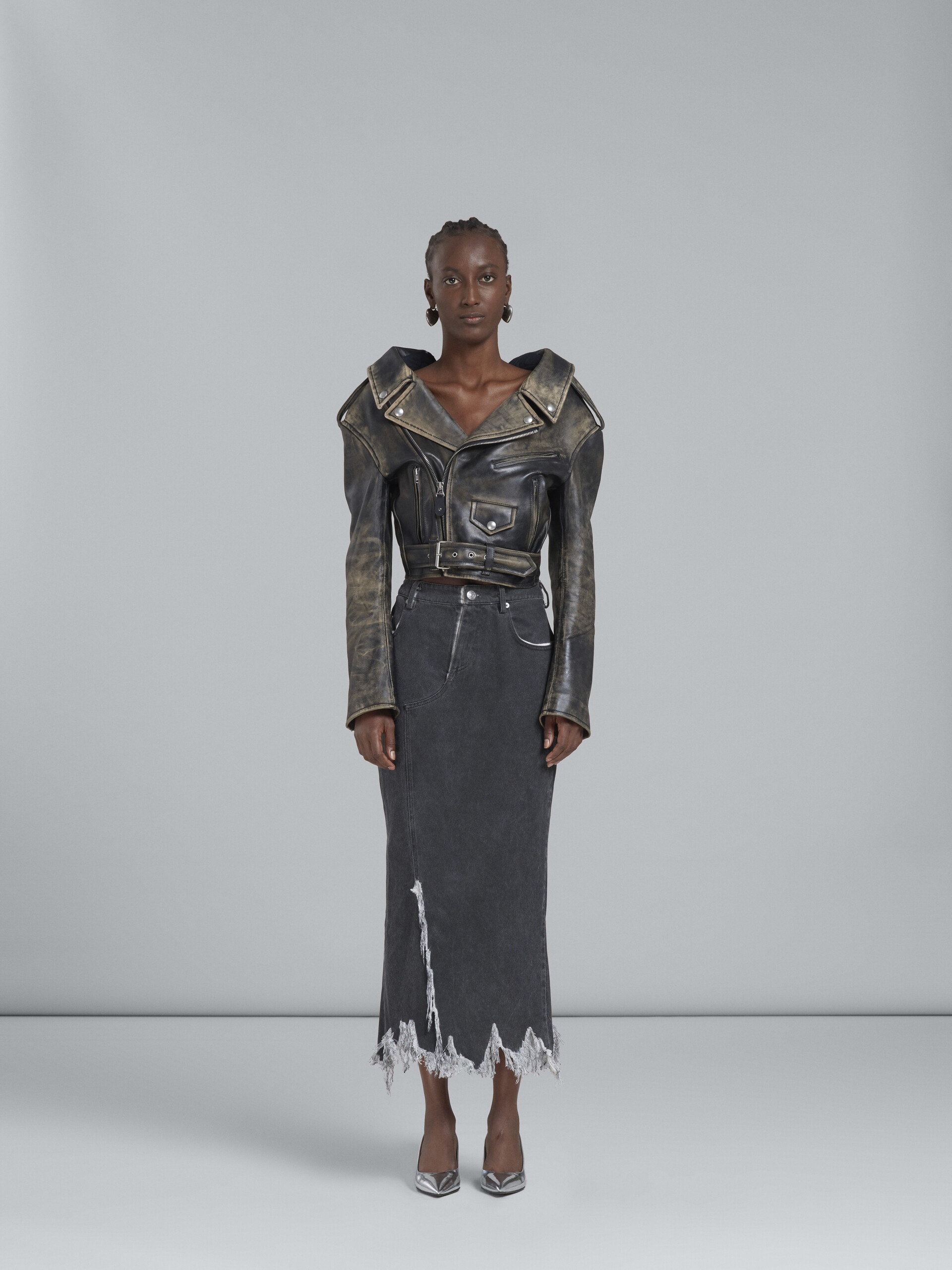GREY DENIM SKIRT WITH FRAYED HEM - 2