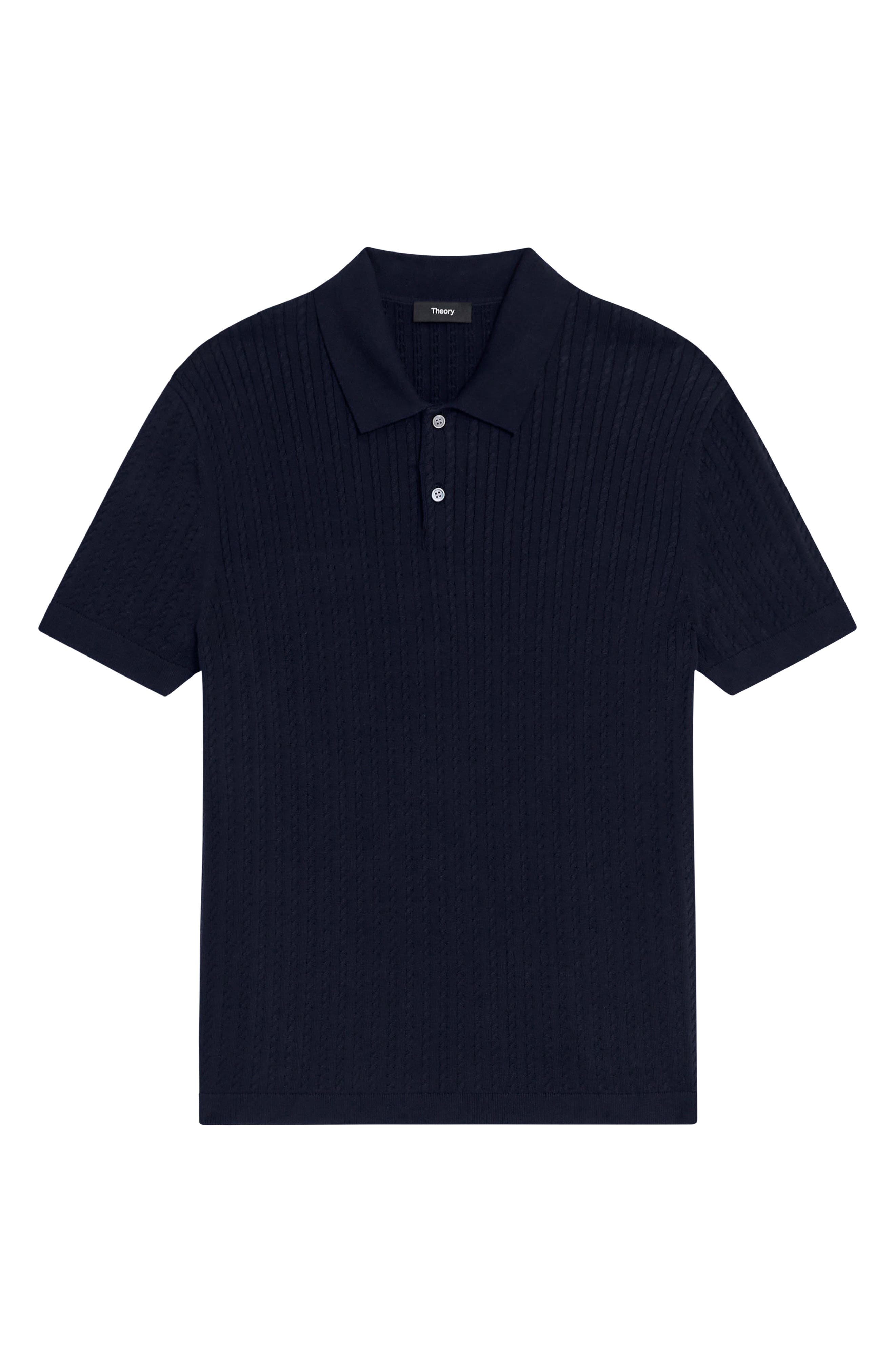 Theory Cable Short Sleeve Cotton Blend Polo Sweater in Baltic at Nordstrom - 4