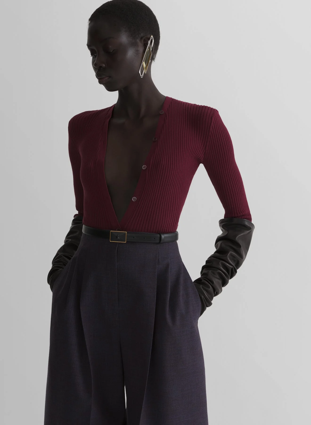 burgundy knit buttoned bodyshort - 1