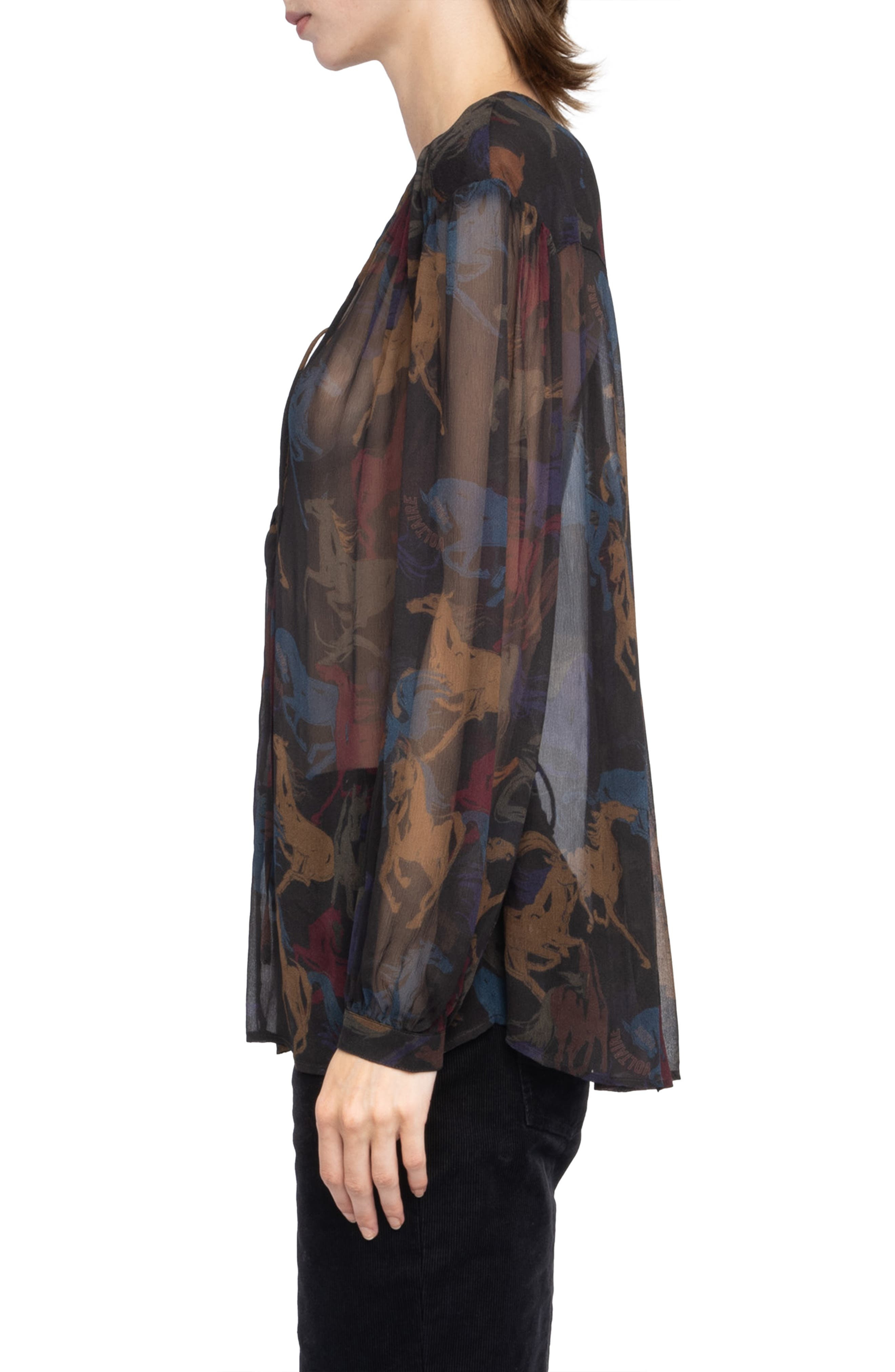 Zadig & Voltaire Tamela Horses Sheer Mousseline Top in Dark Chocolate at Nordstrom - 3