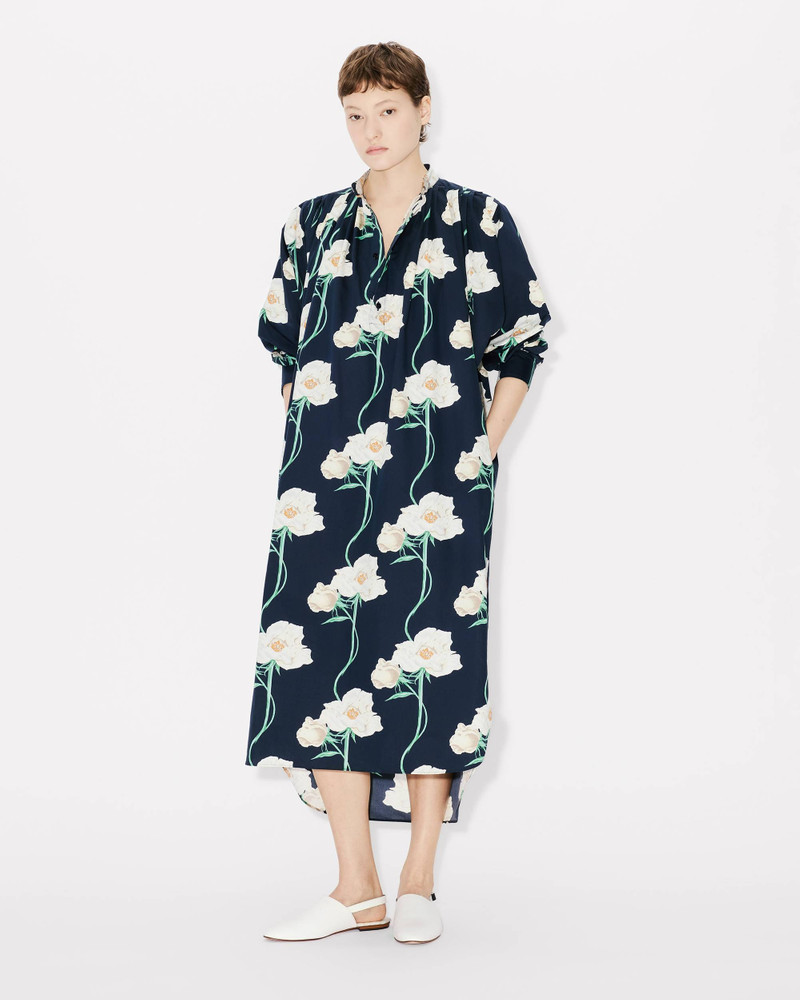 'KENZO Archive Rose' oversized pleated long dress in coton and slik 4