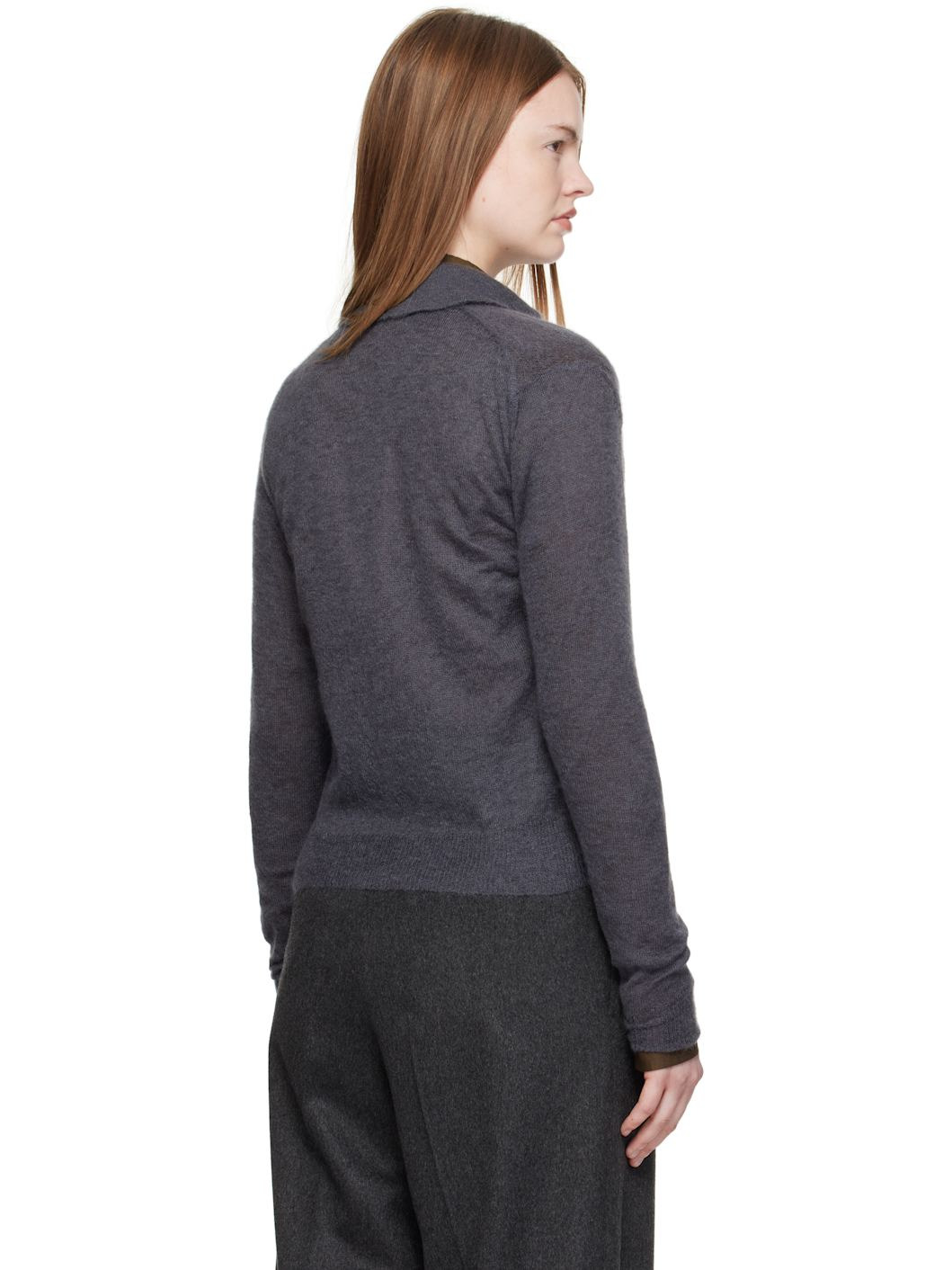 Gray Kid Mohair Sheer Knit Shirt Cardigan - 3