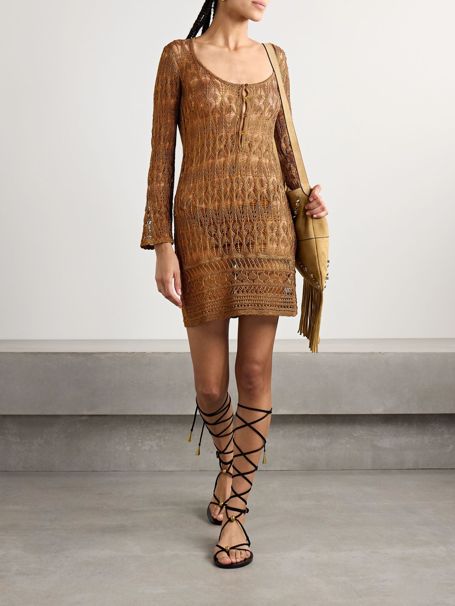 Pia metallic crocheted mini dress Brown - 2