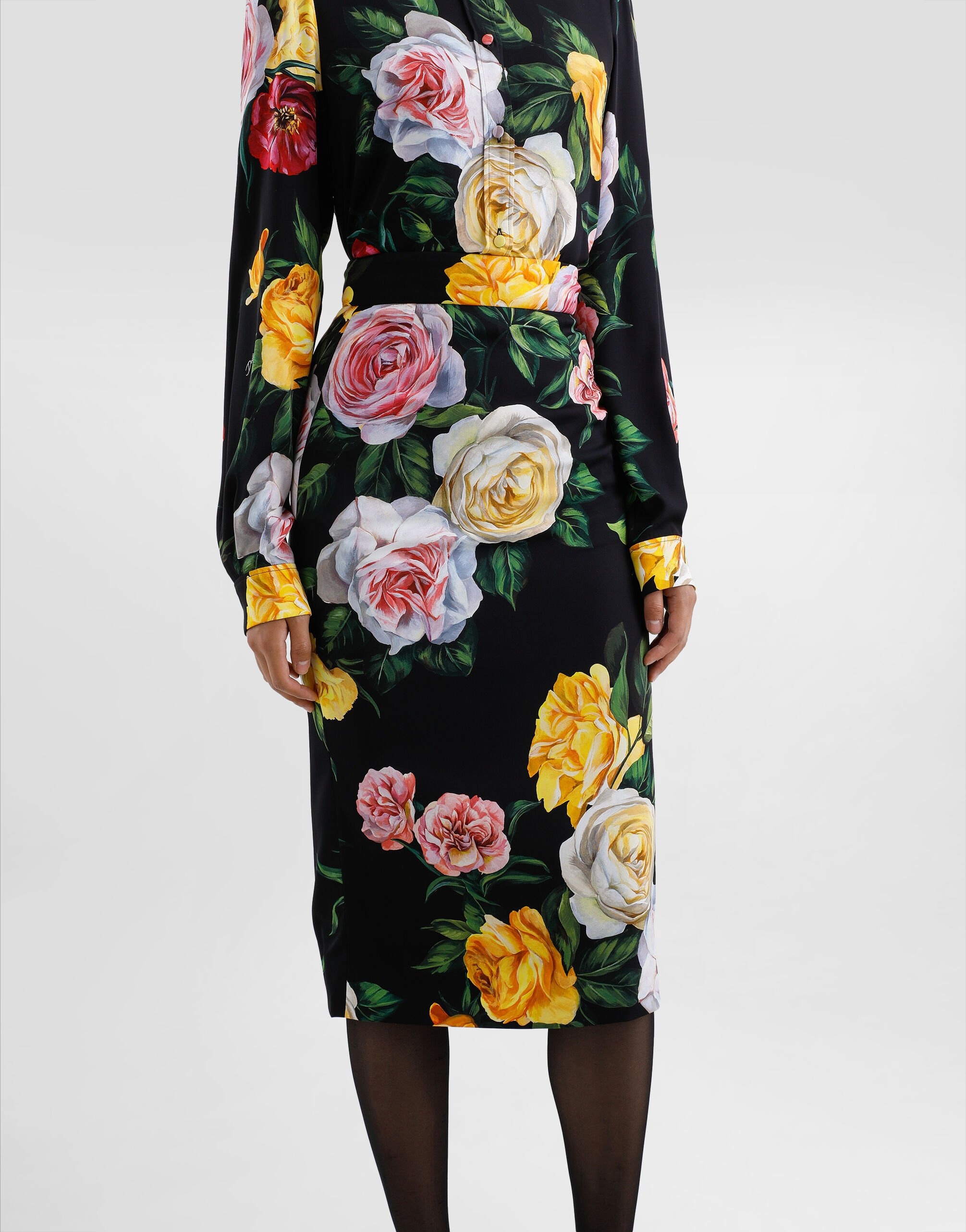 Peony and rose-print charmeuse calf-length skirt - 4