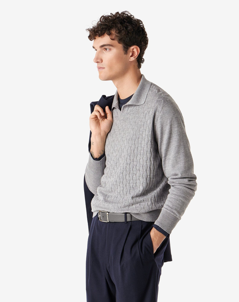 CORNELIANI Light grey buttonless extra fine wool polo shirt outlook