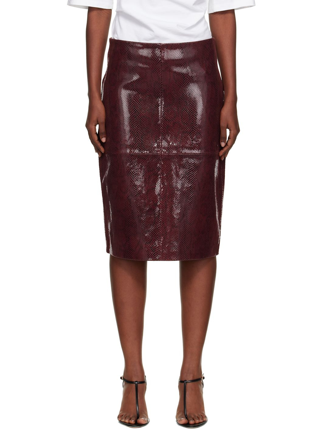 Burgundy Snake Leather Midi Skirt - 1