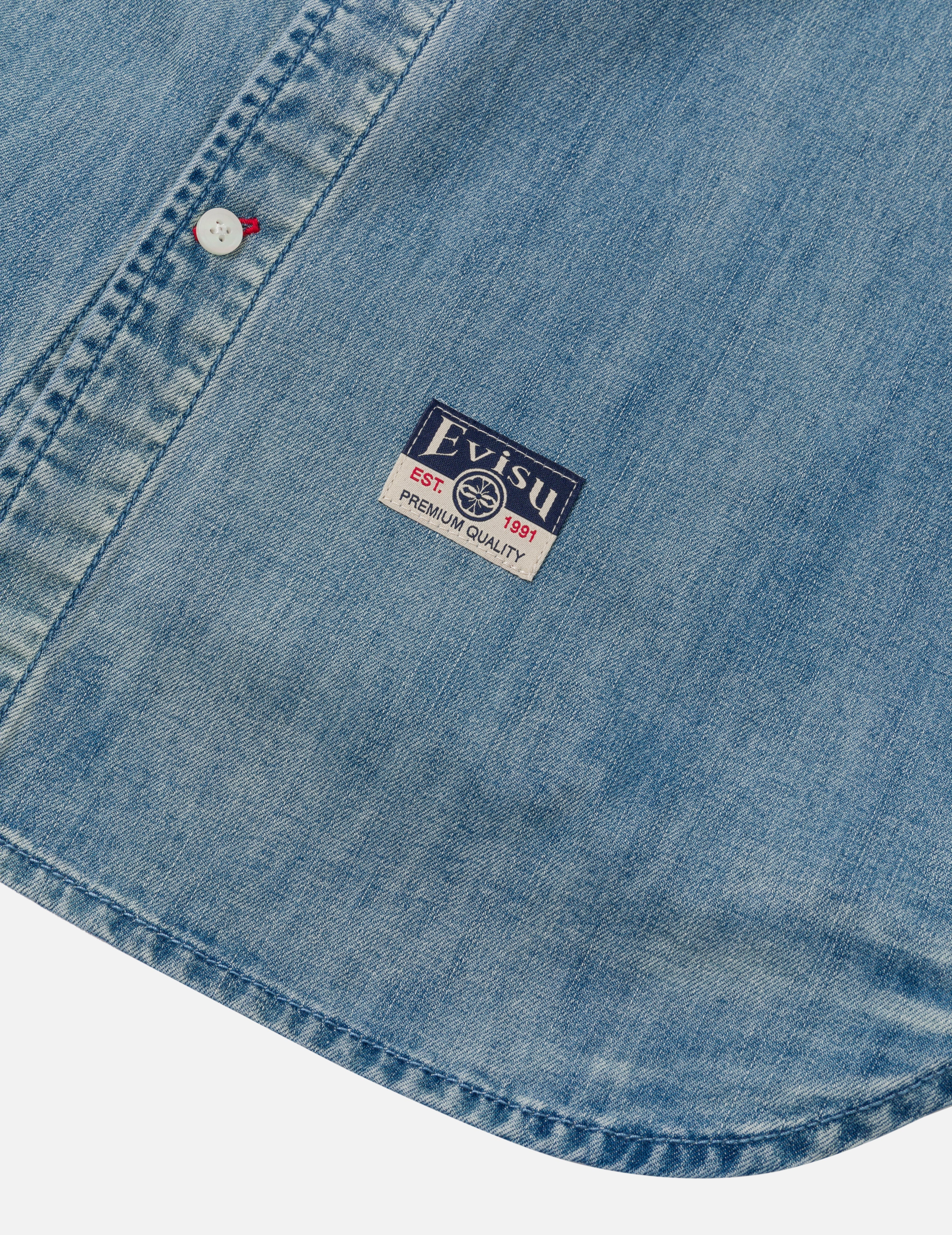 Artistic Brush Daicock Print Relax Fit Denim Short-Sleeves Shirt - 9
