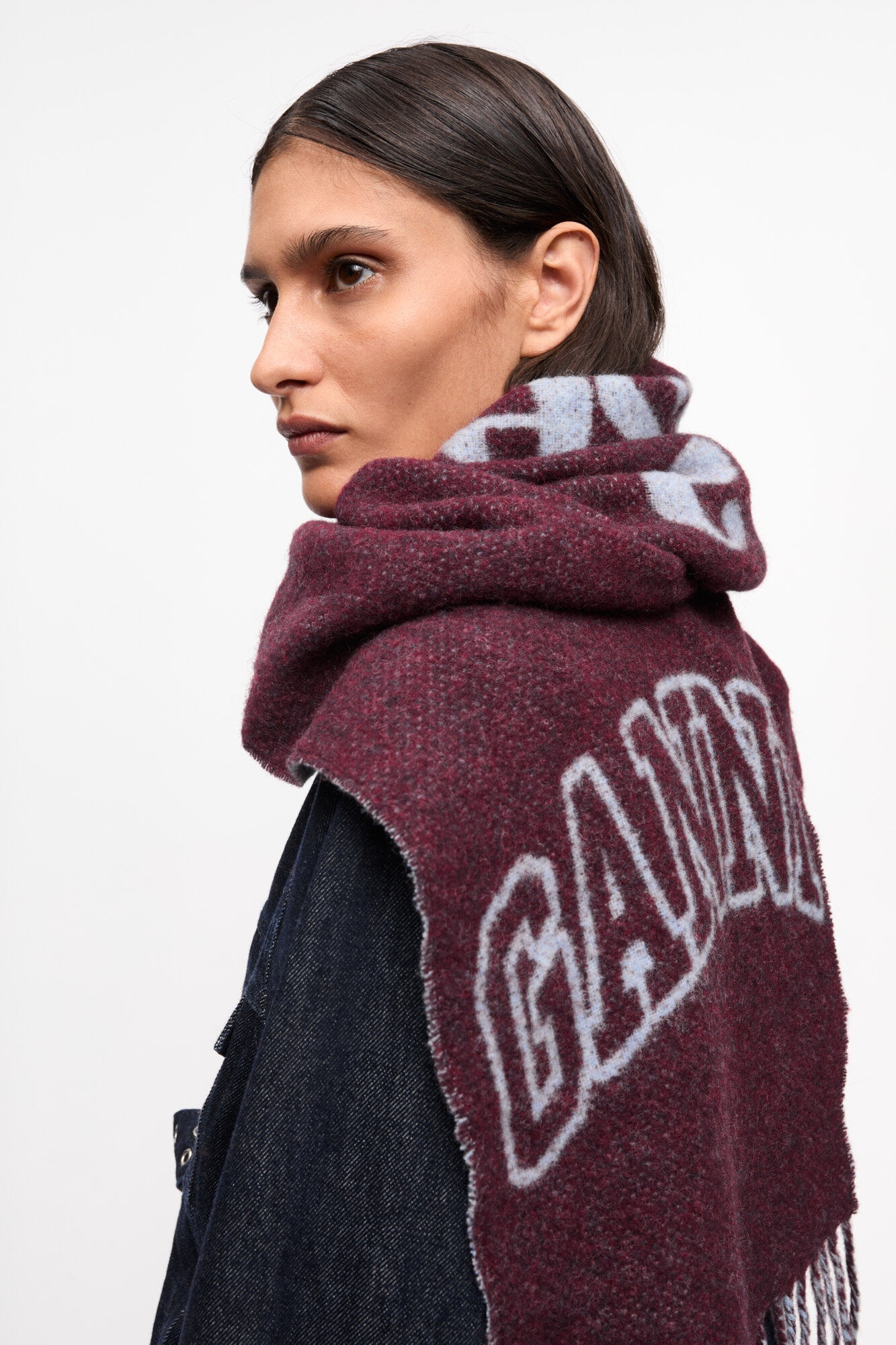 BURGUNDY FRINGED WOOL SCARF - 3