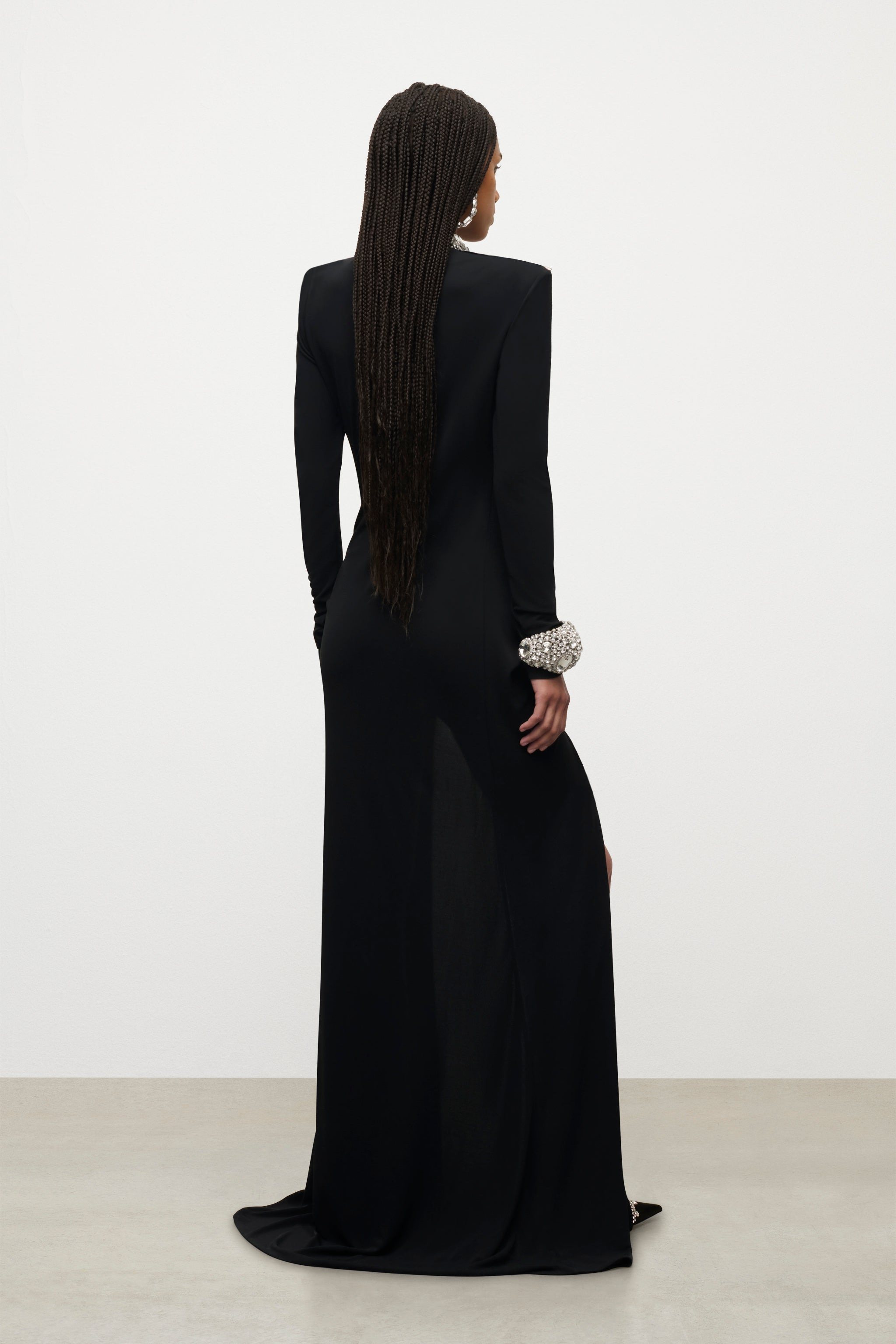 CRYSTAL CLUSTER DRAPED LONG SLEEVE GOWN - 4