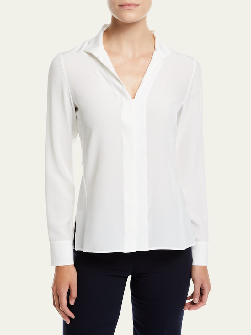 AKRIS Split-Neck Silk Button-Front Blouse outlook