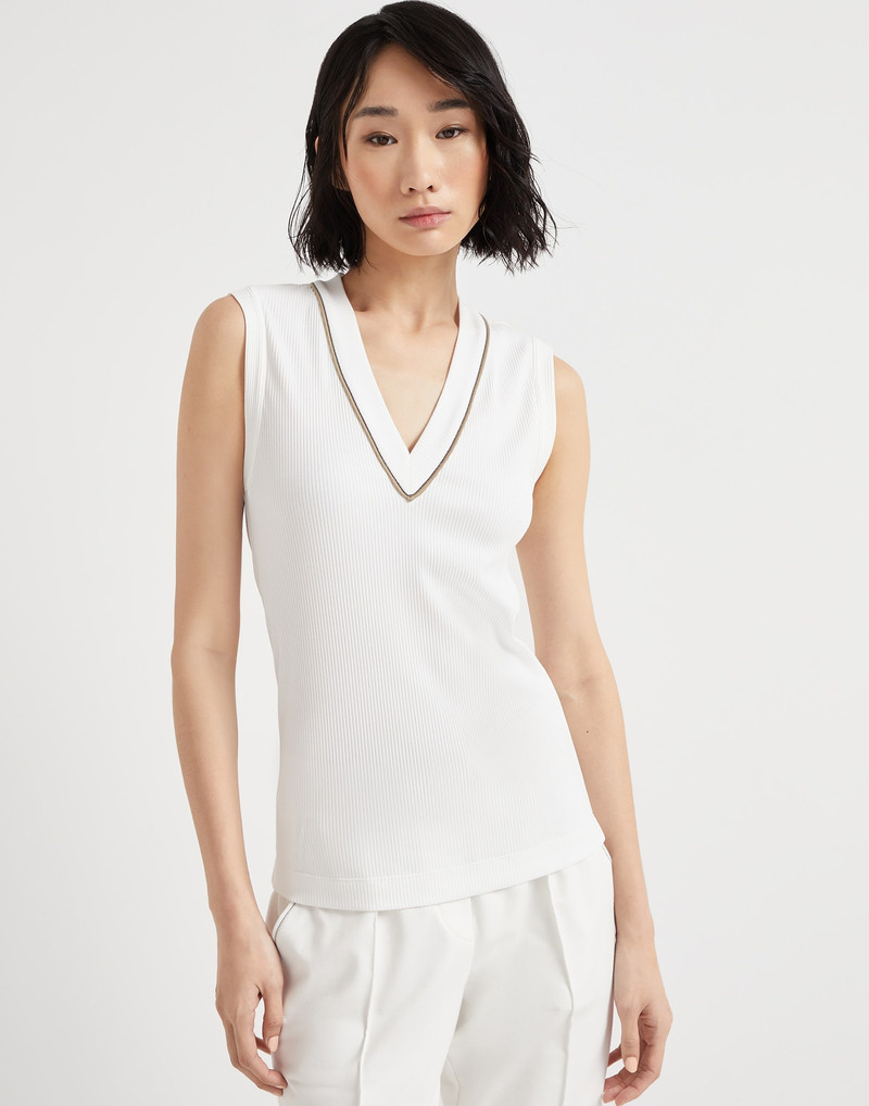 Comfort cotton ribbed jersey top with shiny piping - 1