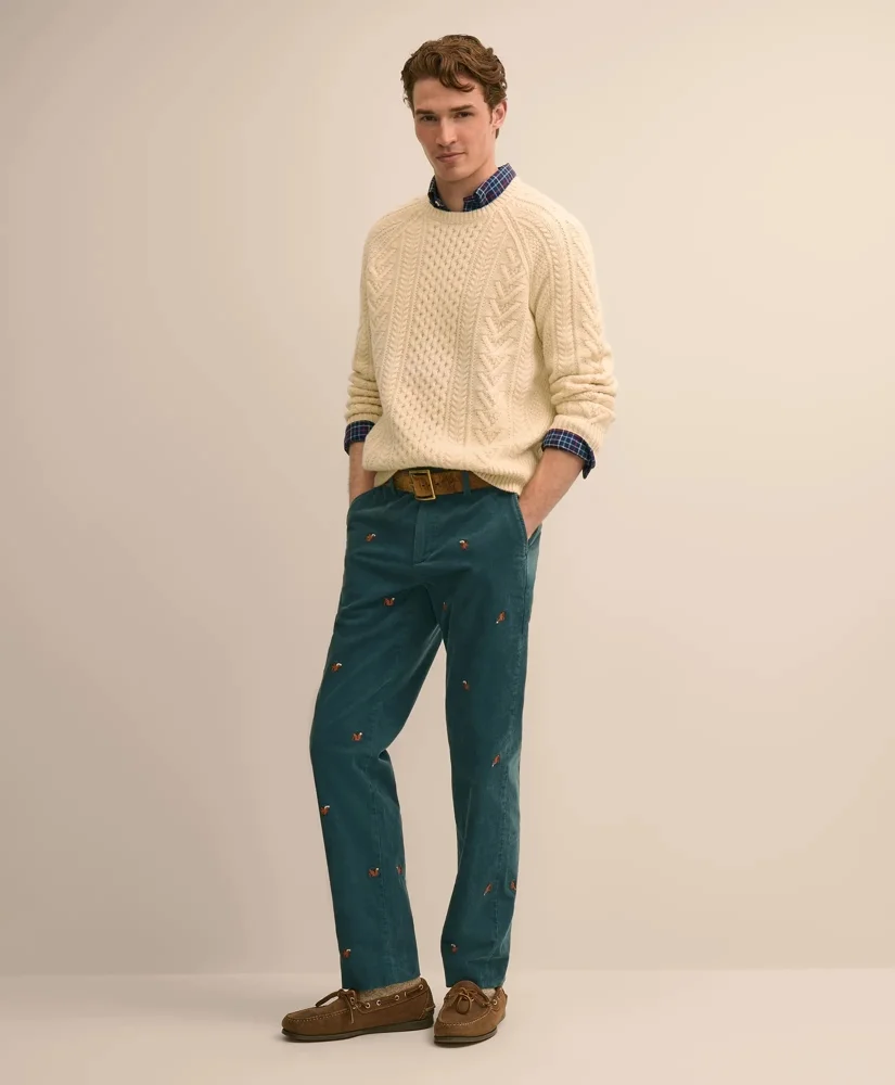 Cotton Corduroy Embroidered Squirrel-Motif Pants - 1