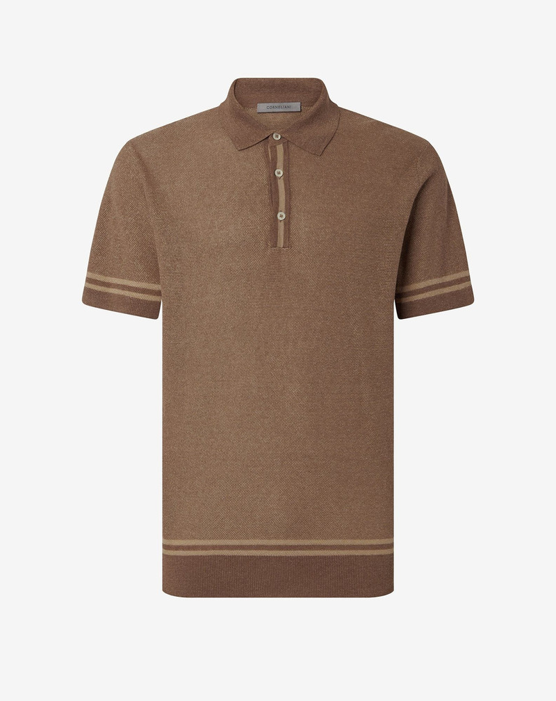 Brown button-up linen and silk polo shirt 1