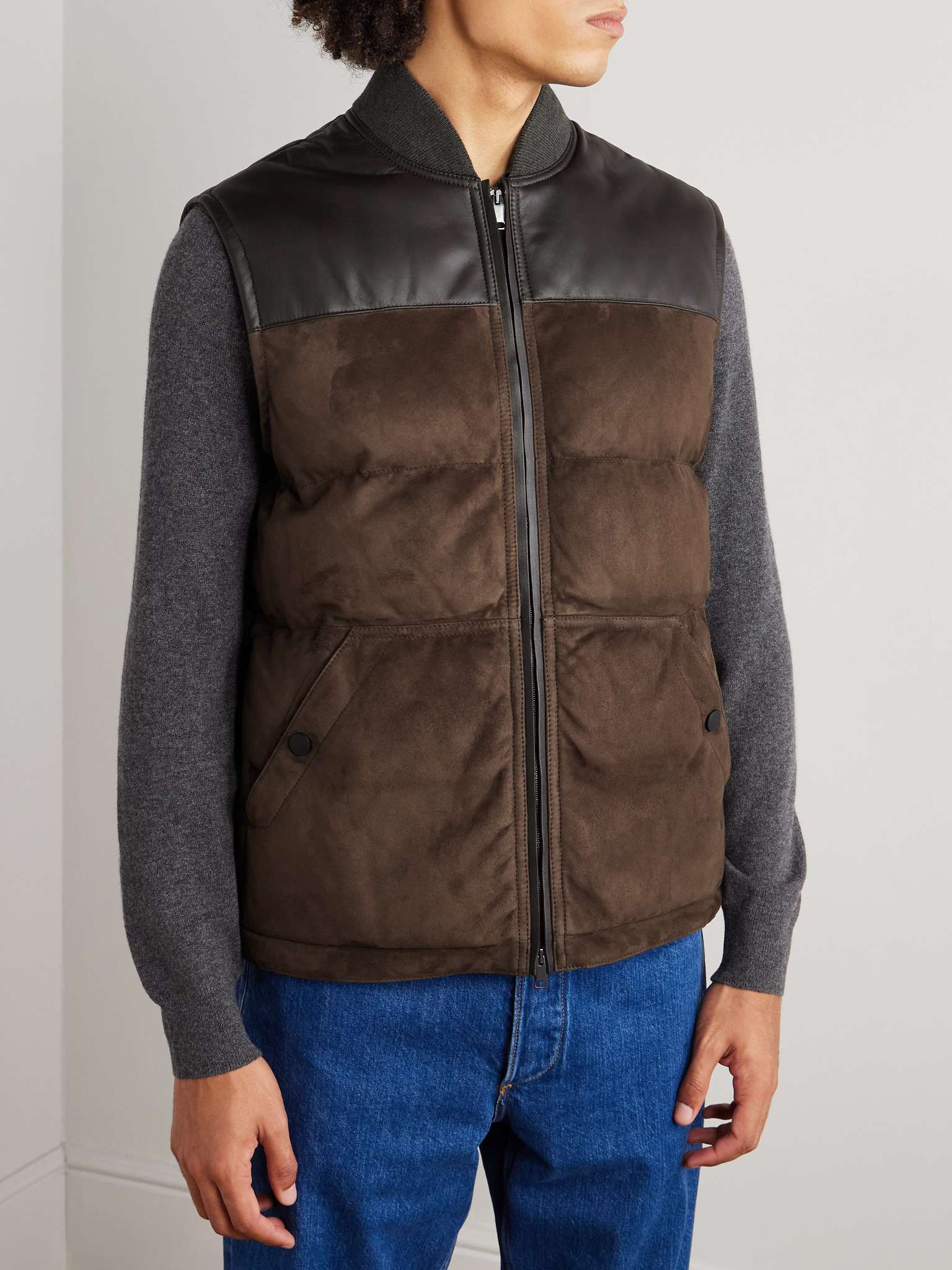 Leather-Trimmed Padded Quilted Suede Gilet - 3