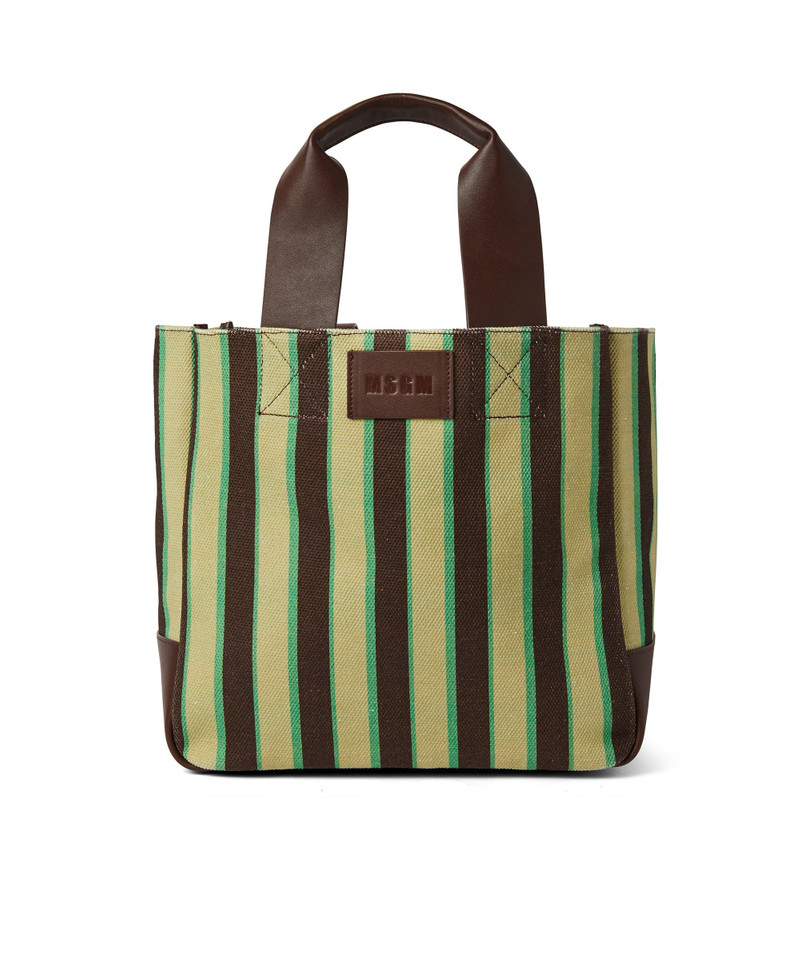 Striped cotton tote bag with leather handles 1