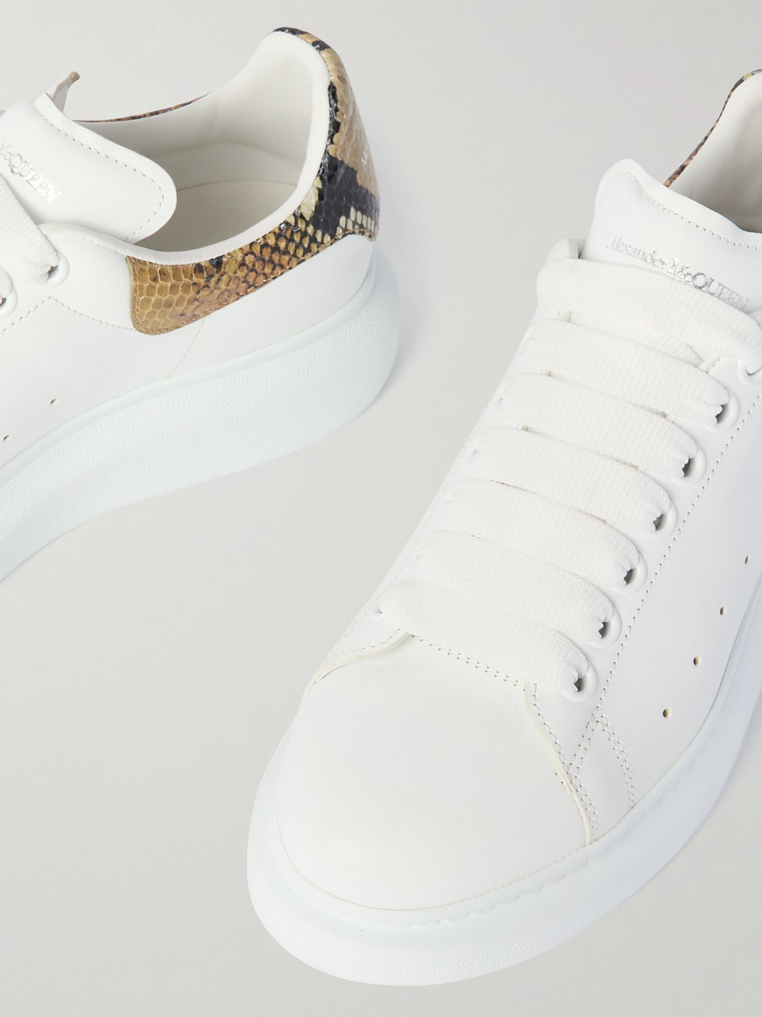 Leather and snake-effect leather exaggerated-sole sneakers White - 4
