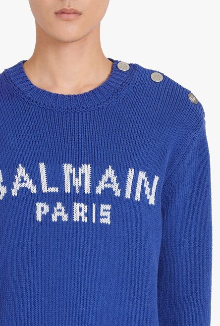 HIGH SUMMER CAPSULE - “Gitane” blue cotton sweater with embroidered white Balmain Paris logo - 9
