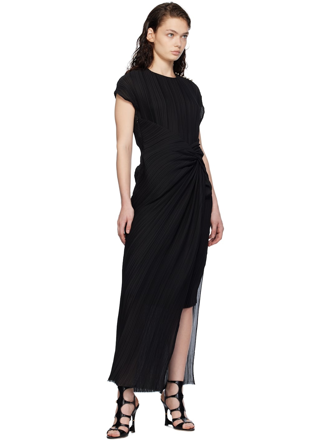 Black Asymmetrical Pleated Maxi Dress - 4