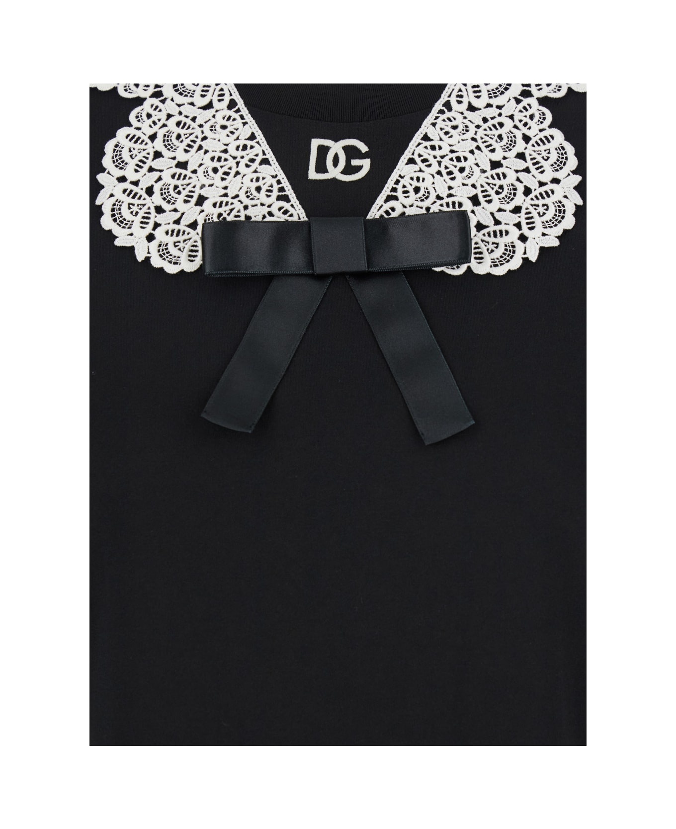 Black T-shirt With Bow On The Front And Lace Details In Cotton Woman - 3