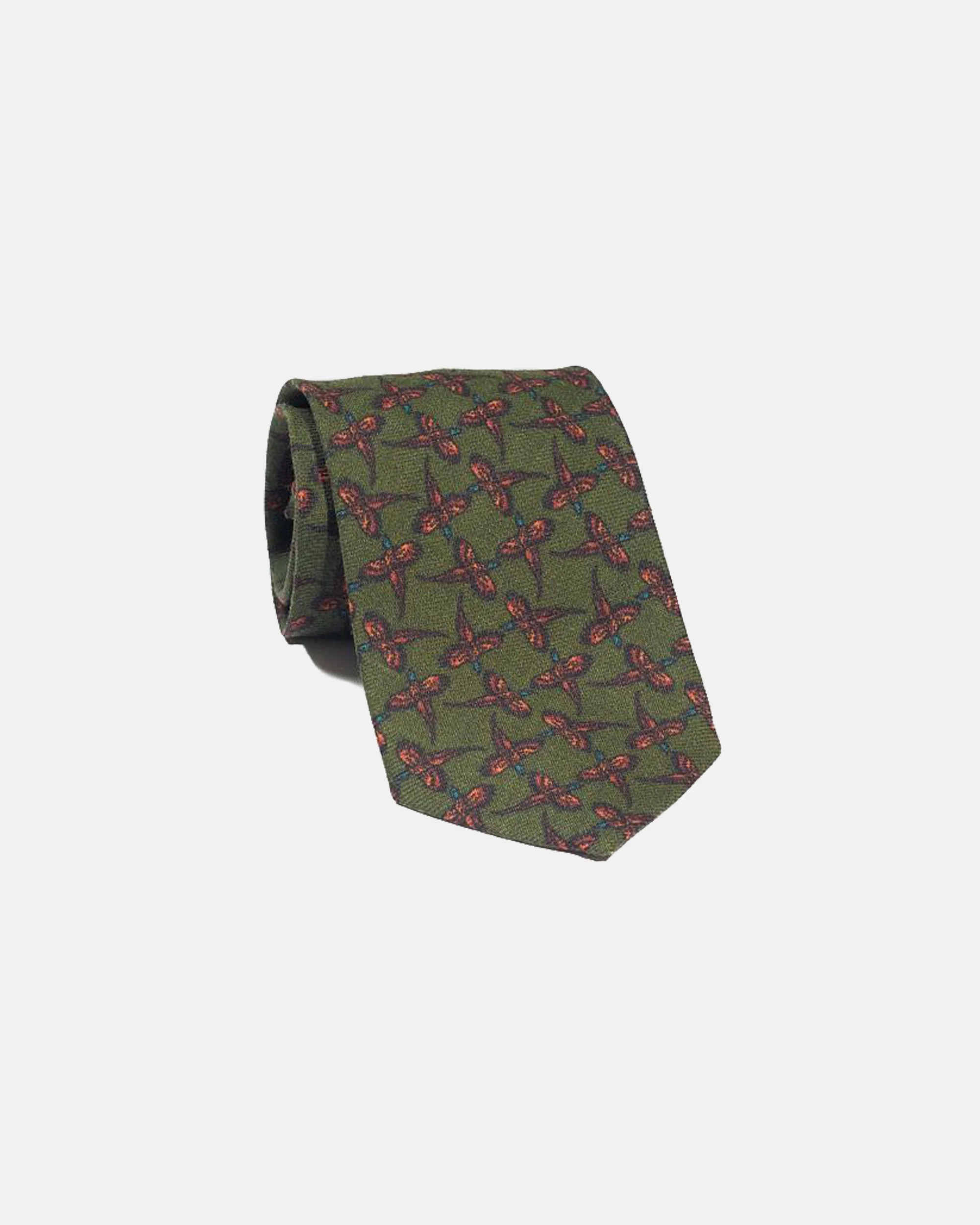 MADE-IN-ENGLAND OLIVE PHEASANT WOOL CHALLIS TIE - 1