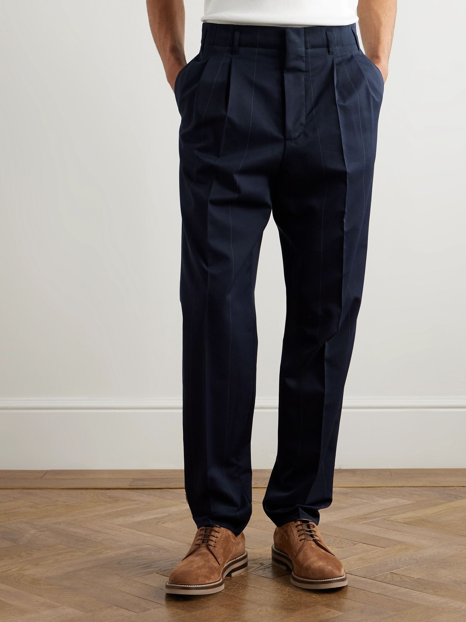Tapered Pleated Pinstriped Wool and Cotton-Blend Trousers Navy - 3