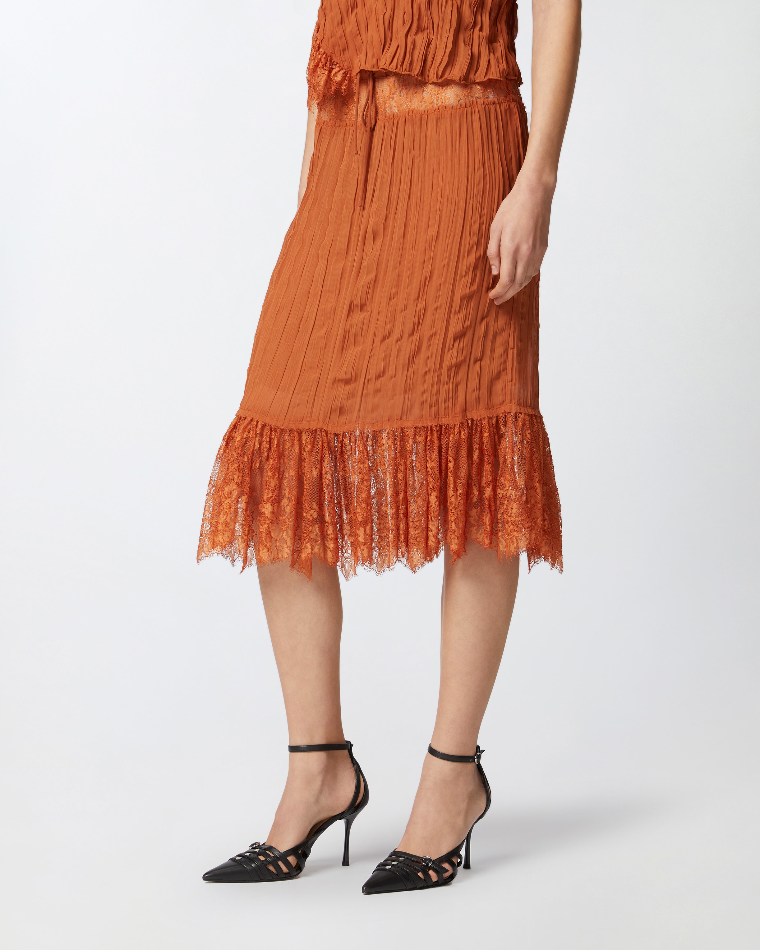 GATHERED KNEE-LENGTH SKIRT WITH LACE - 3