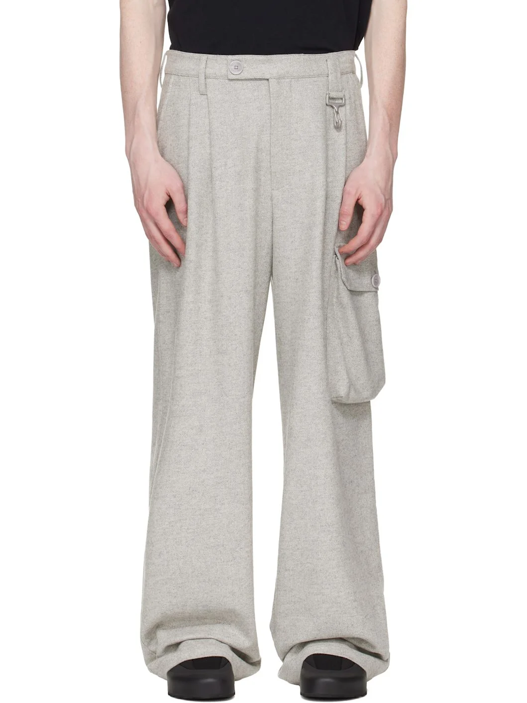 Gray Wool Herringbone Pleated Cargo Pants - 1