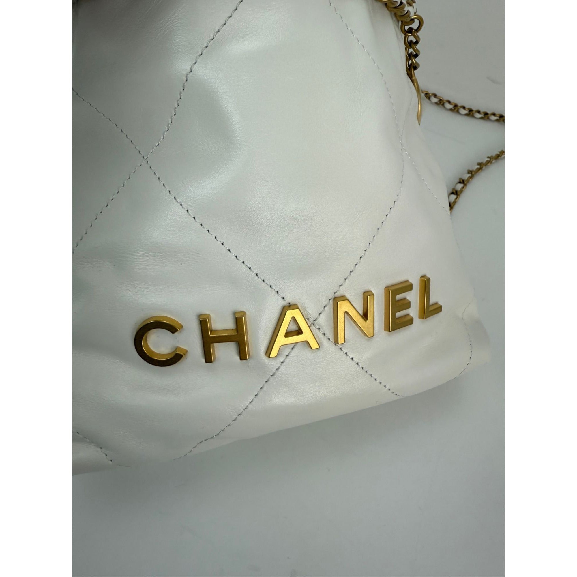 Chanel 22 Mini Shiny Calfskin Quilted White Crossbody Hand Bag - 12