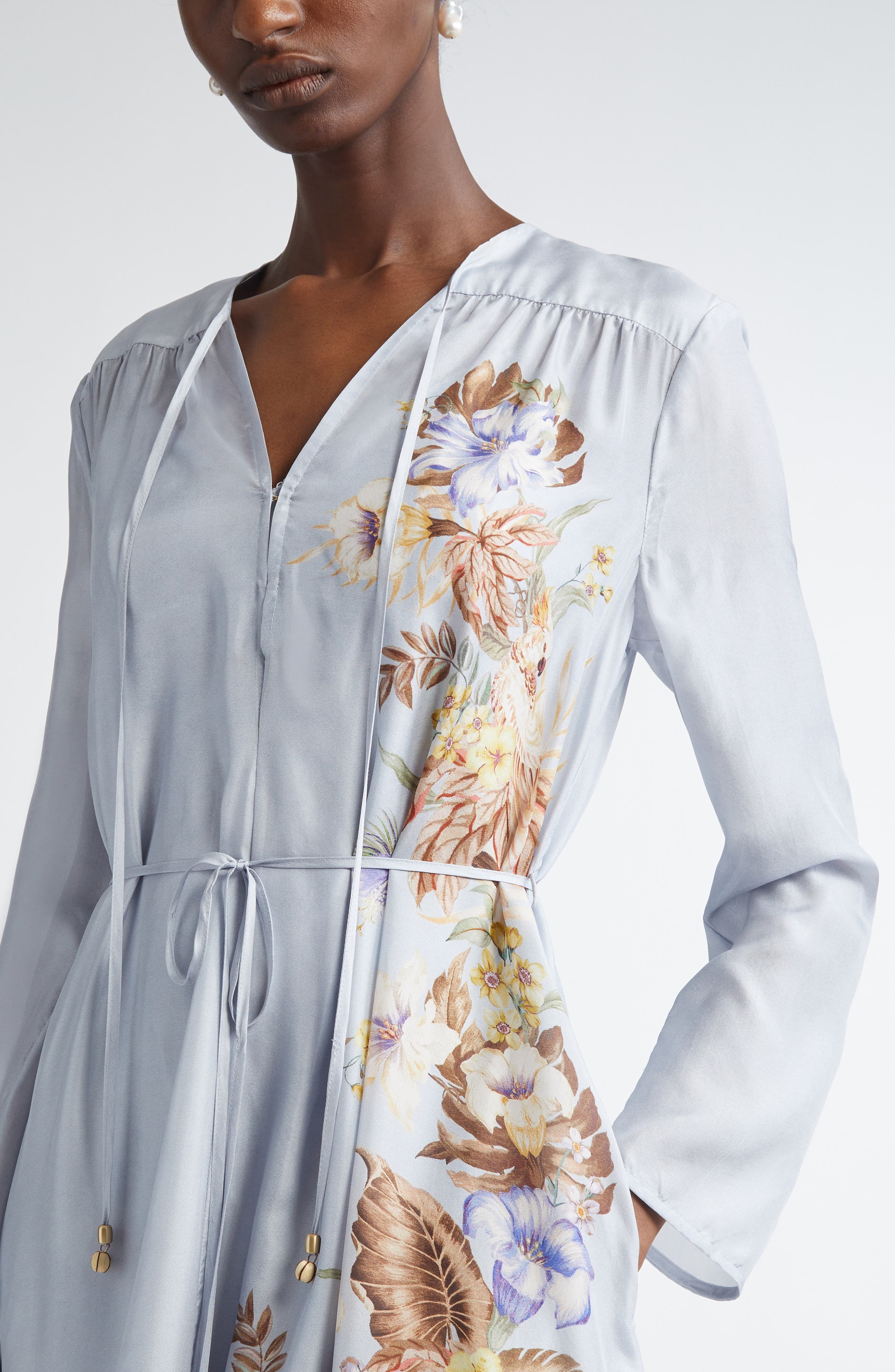 Zimmermann Coco Placed Print Long Sleeve Silk Dress in Powder Blue Multi Floral at Nordstrom - 4