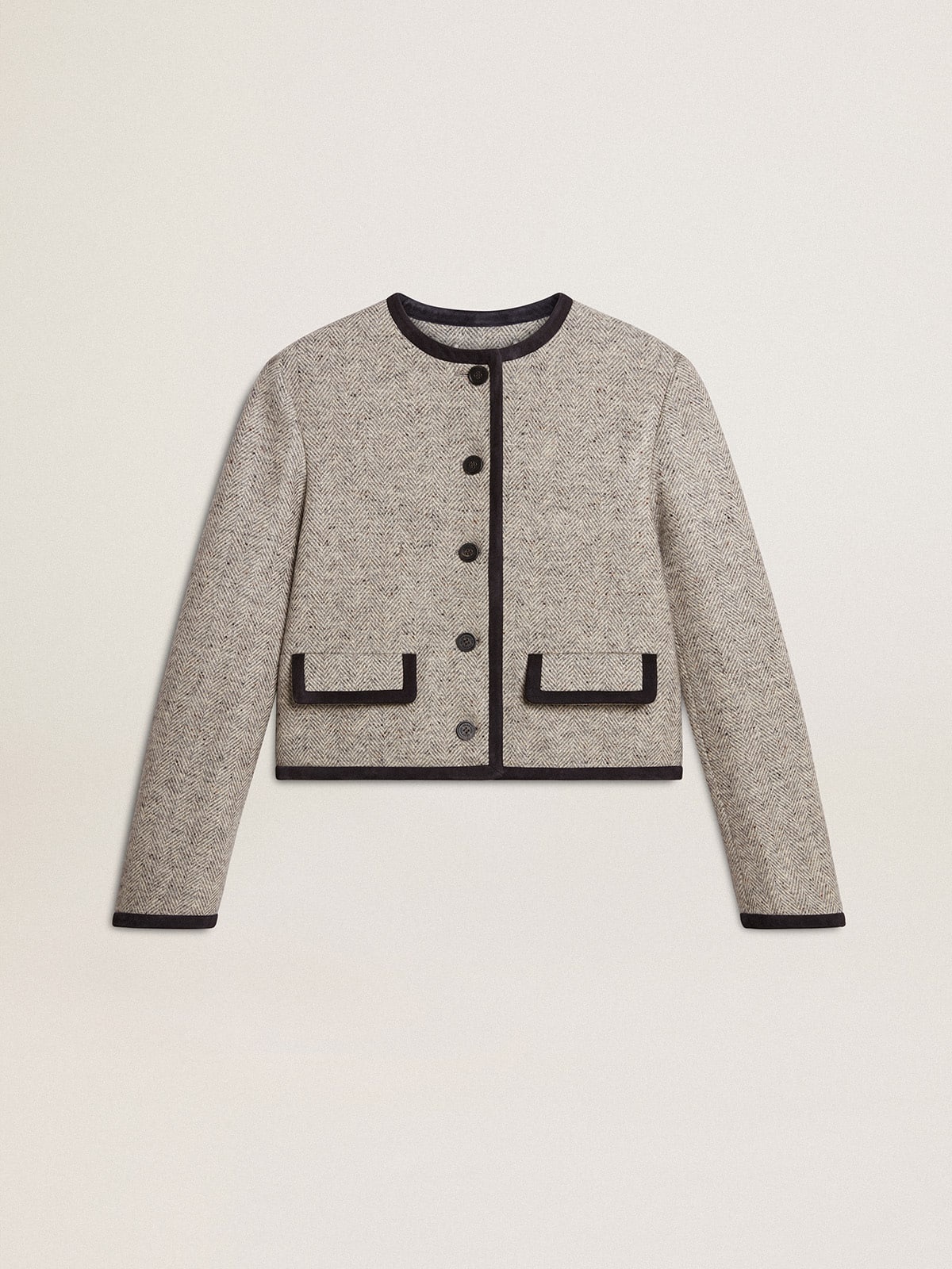 Women's grey wool and silk jacket with black suede trim - 1