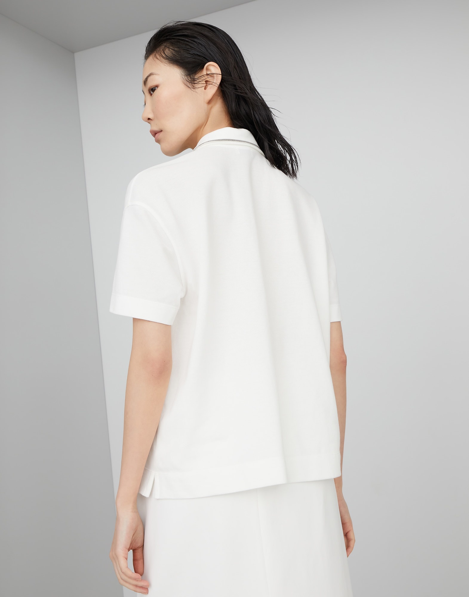 Cotton piqué polo shirt with shiny collar trim - 2