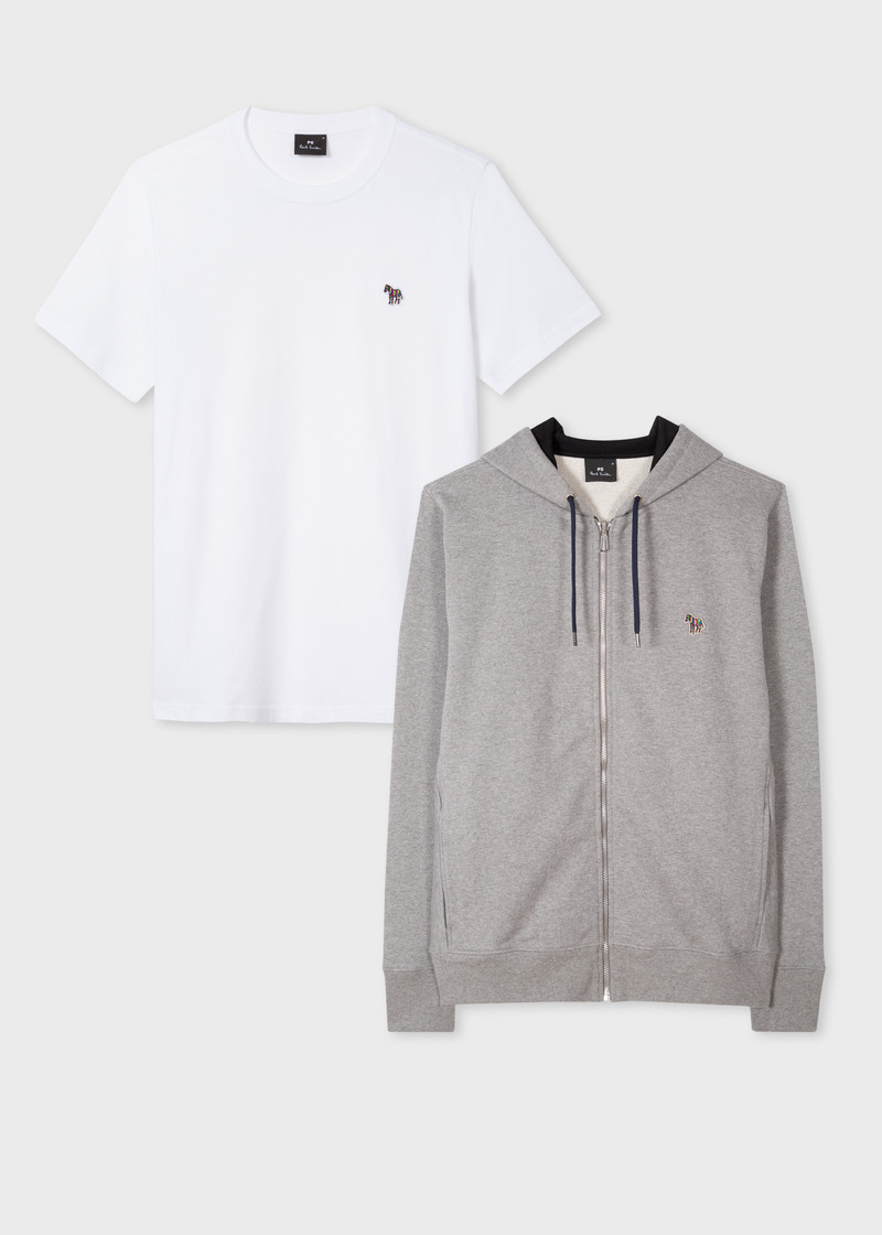 Grey Cotton Zip-Front Hoodie & White T-Shirt Zebra Set 1