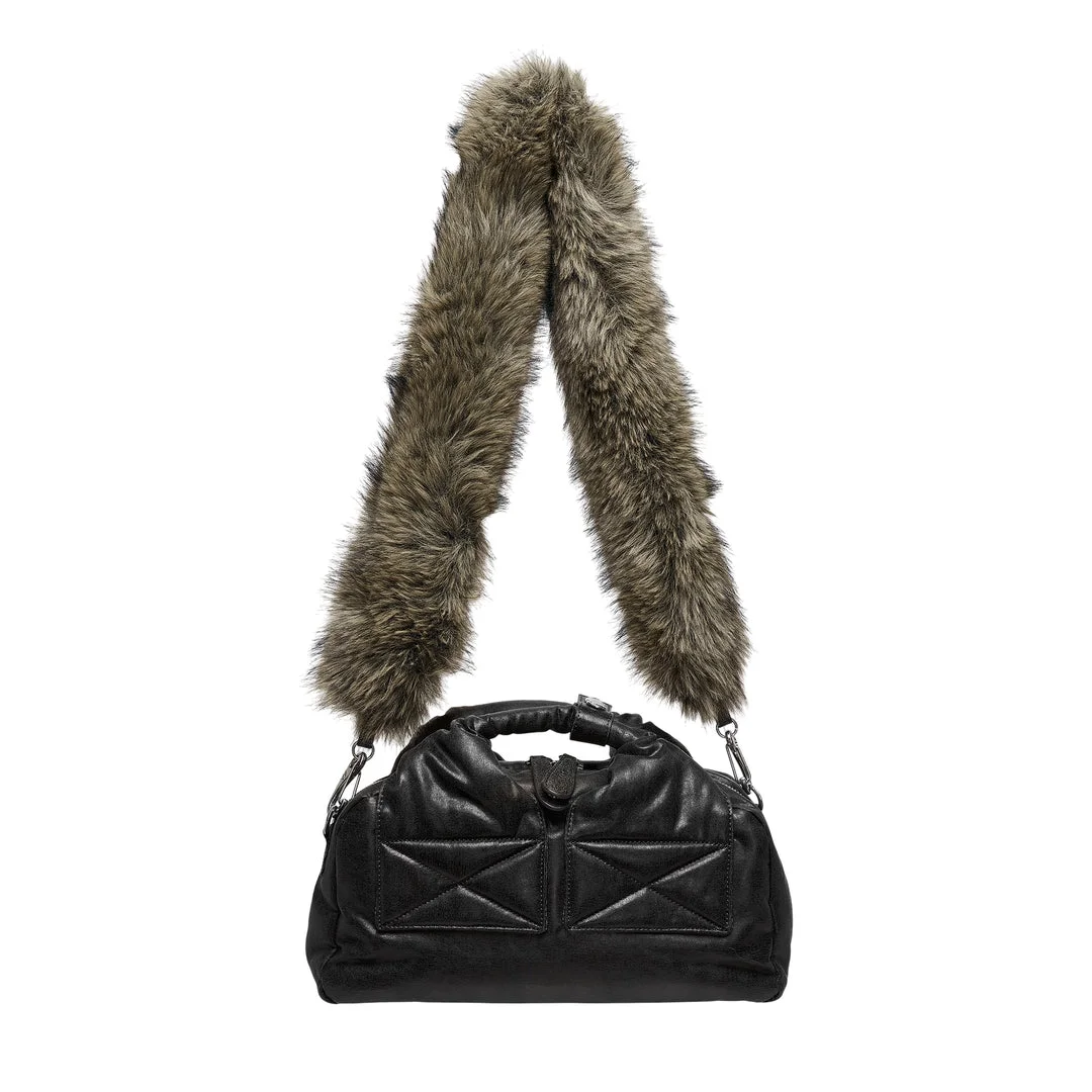 Oil Skin Mini Tote with Furry Strap - 1
