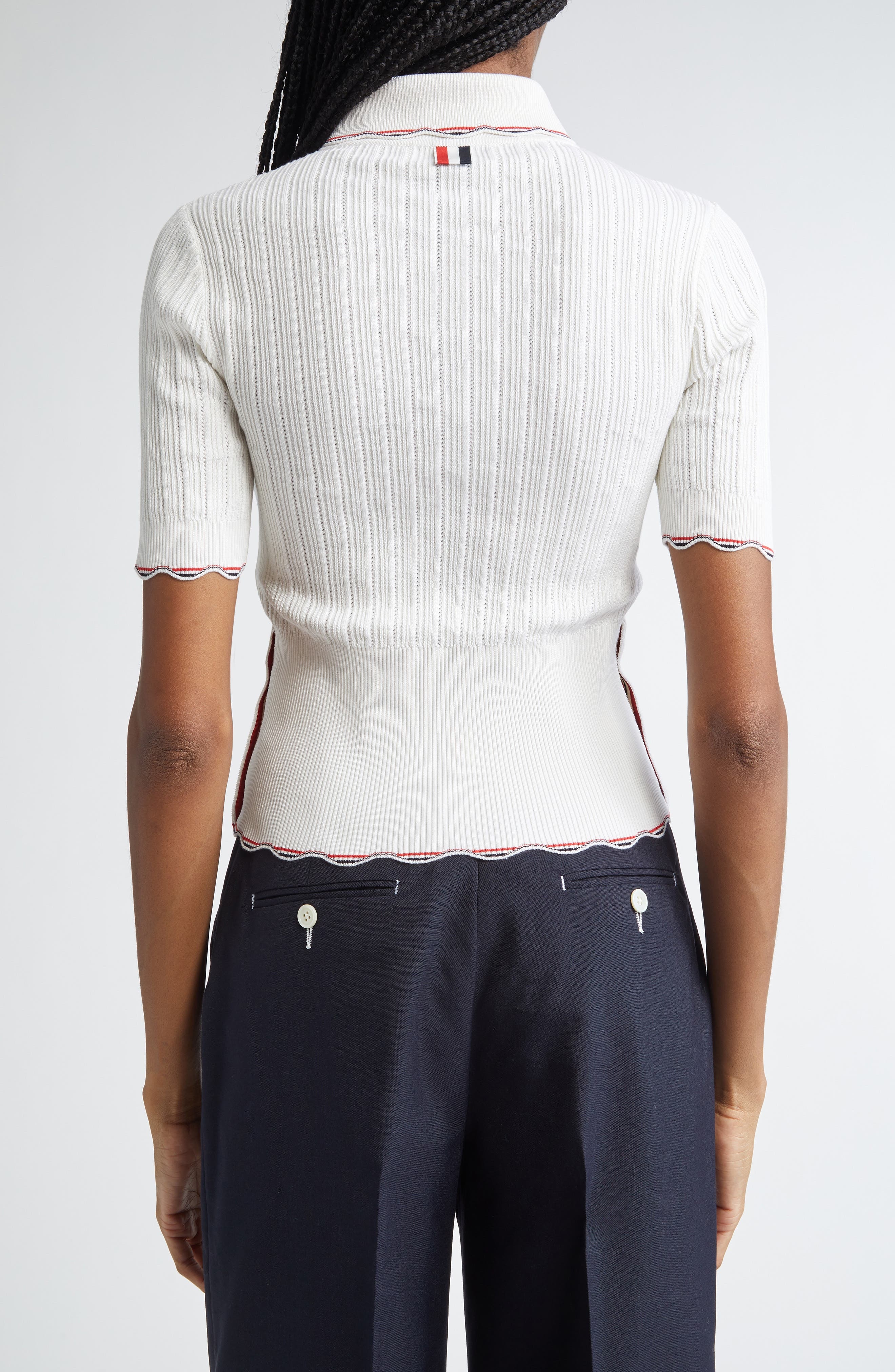 Thom Browne Tuck Scallop Trim Silk & Cotton Pointelle Stitch Polo in White at Nordstrom - 3