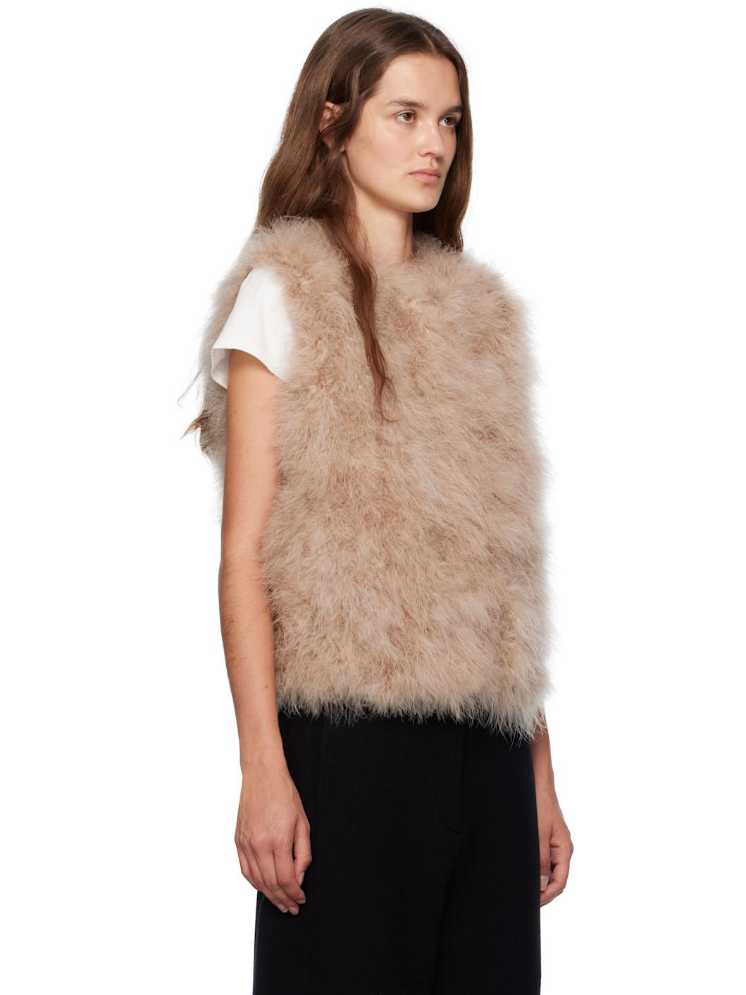 Beige Cropped Feather Vest - 2