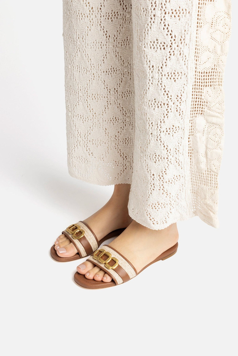 Franca Flat In Natural Raffia And Caramel Leather 5