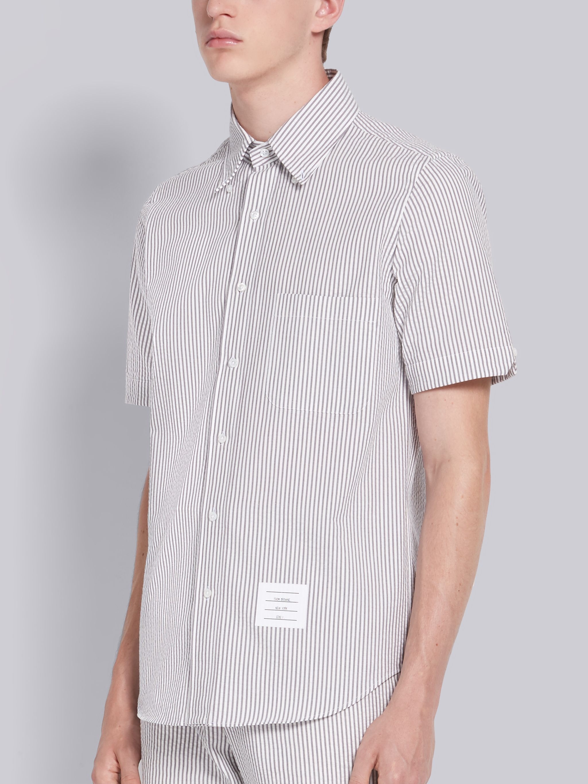 Medium Grey Seersucker Stripe Short Sleeve Shirt - 2