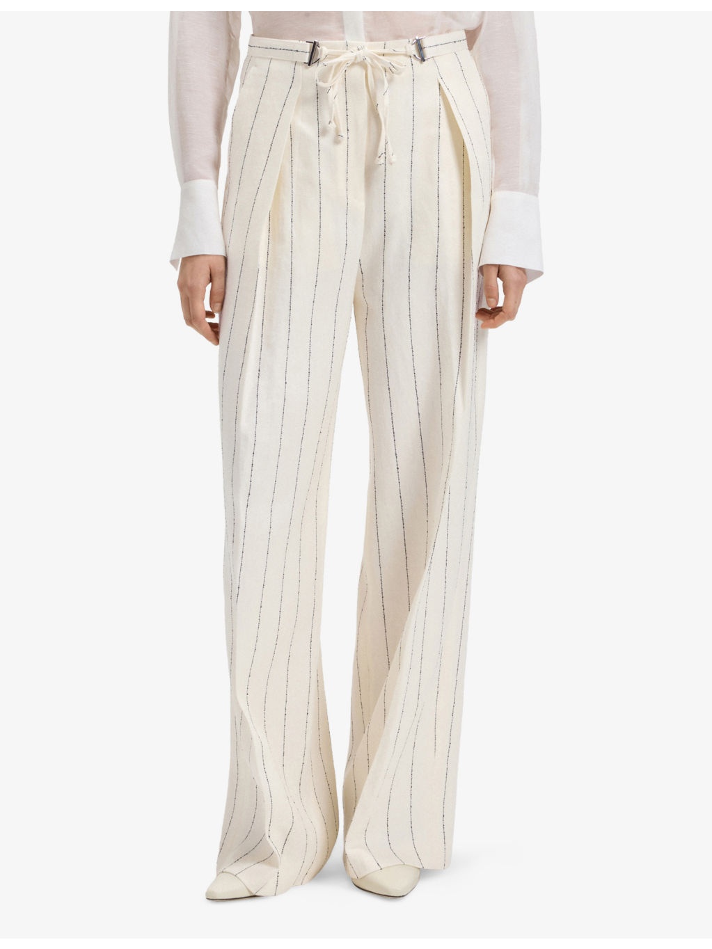Pinstriped Wide-Leg High-Rise Stretch Linen-Blend Trousers - 3