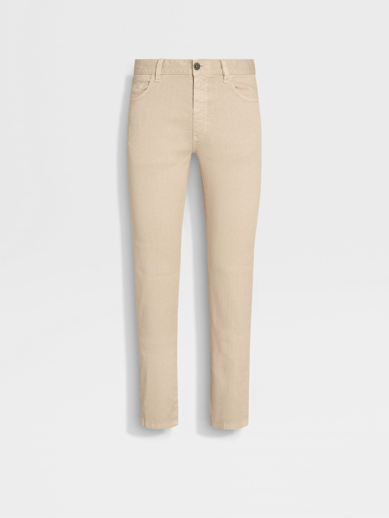 LIGHT BEIGE STRETCH LINEN AND COTTON ROCCIA JEANS 1
