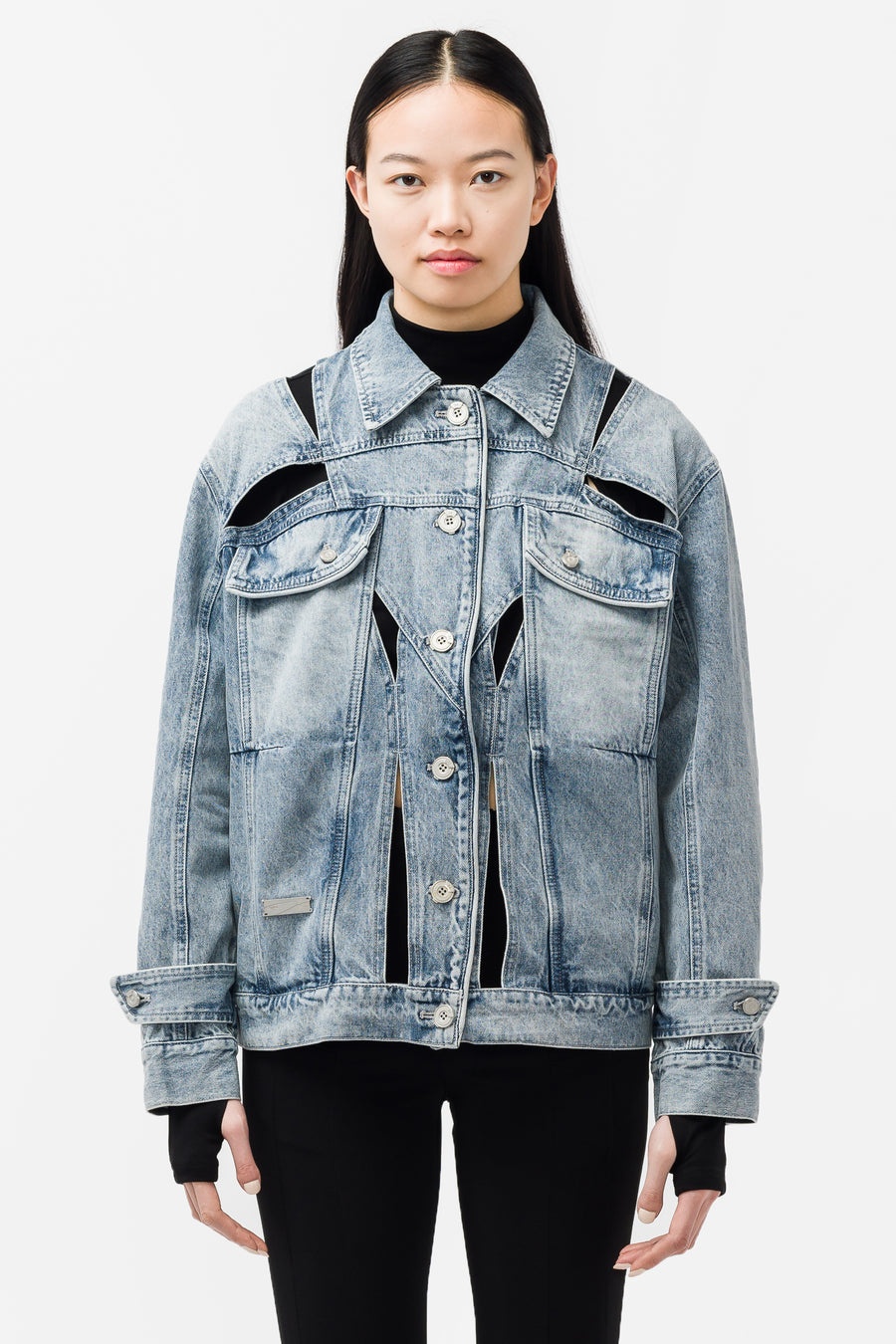 Polygon Cut Out Denim Jacket in Faded Blue - 1