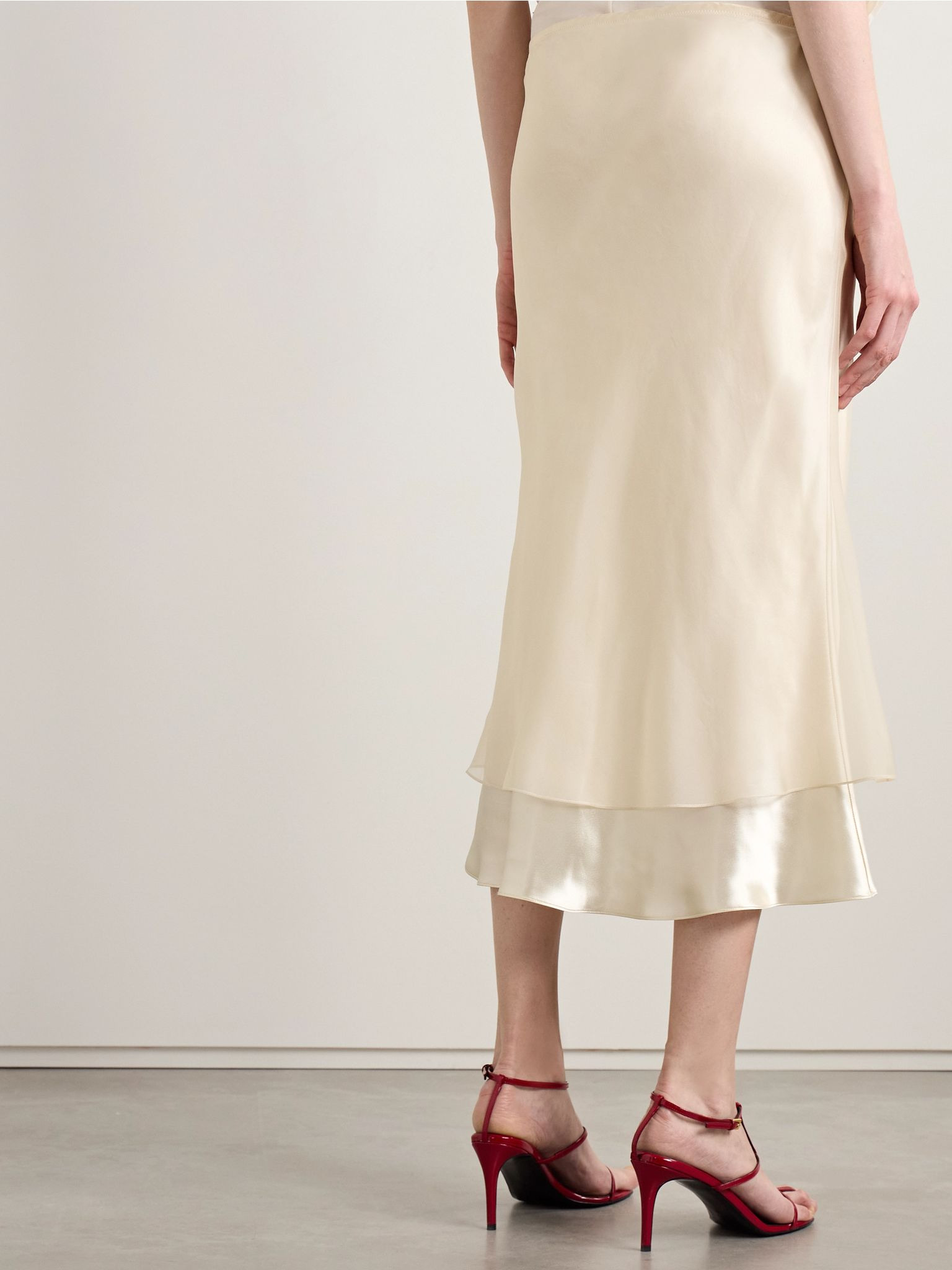 Monina layered satin and organza midi skirt Cream - 4