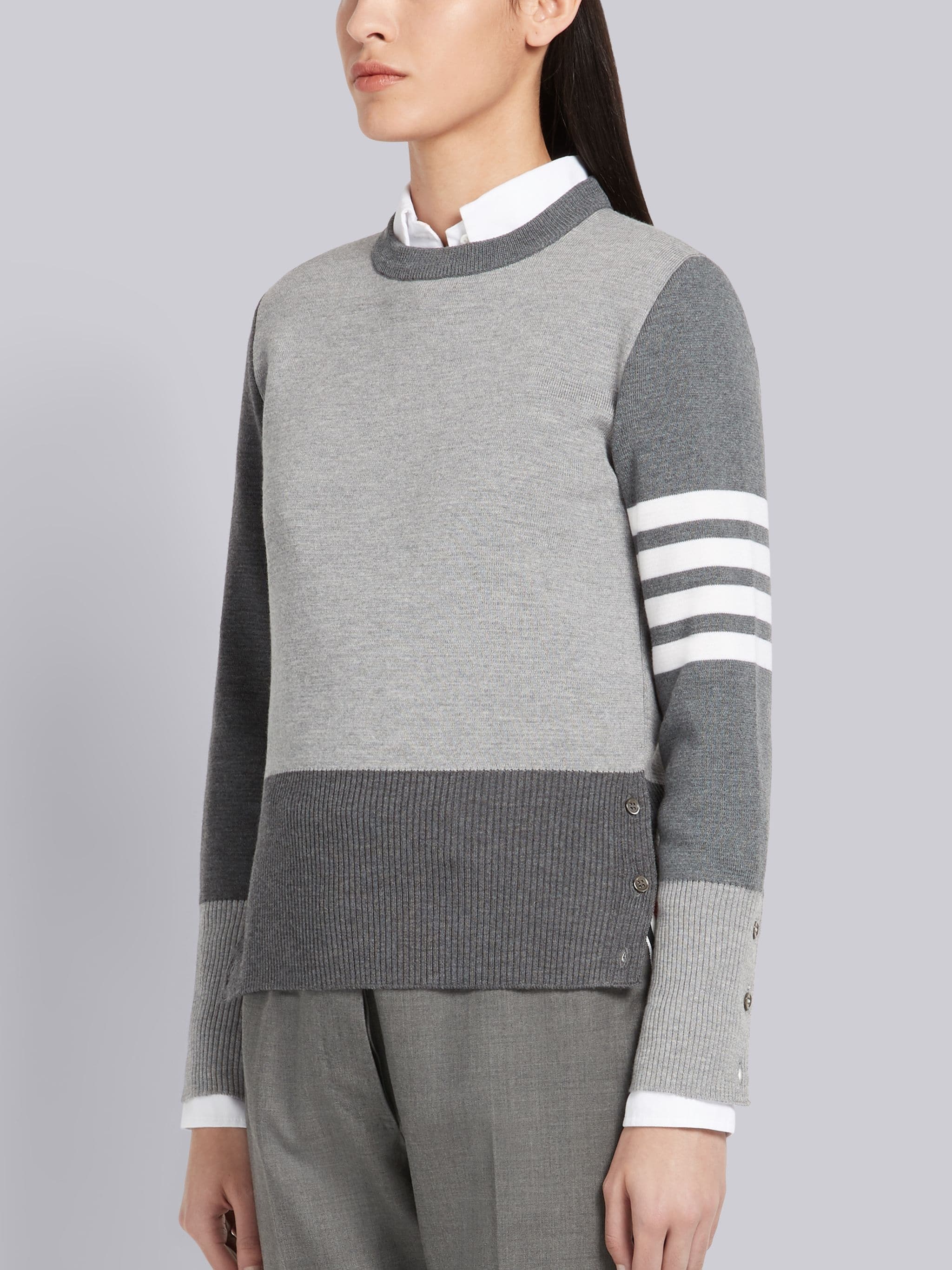 Tonal Grey Fun-mix Milano Stitch Fine Merino Wool 4-bar Crew Neck Pullover - 2