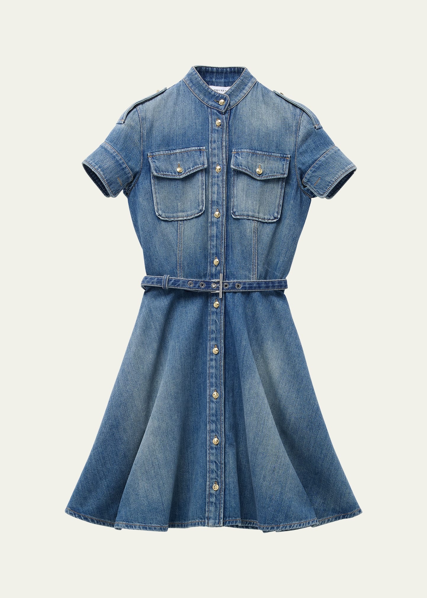 Short-Sleeve Belted Denim Mini Shirtdress - 1