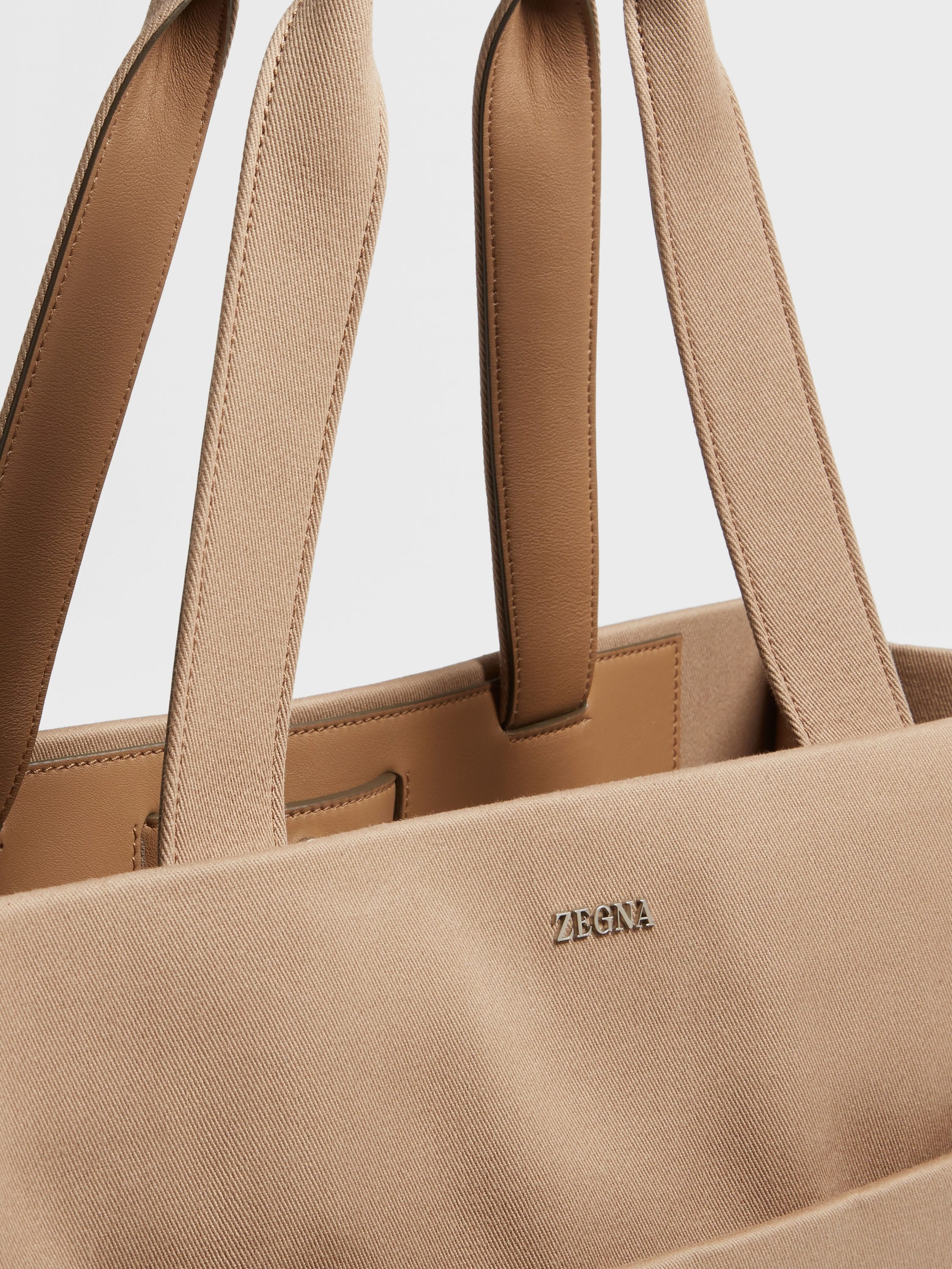 DARK BEIGE COTTON AND LEATHER TOTE BAG E/W - 5