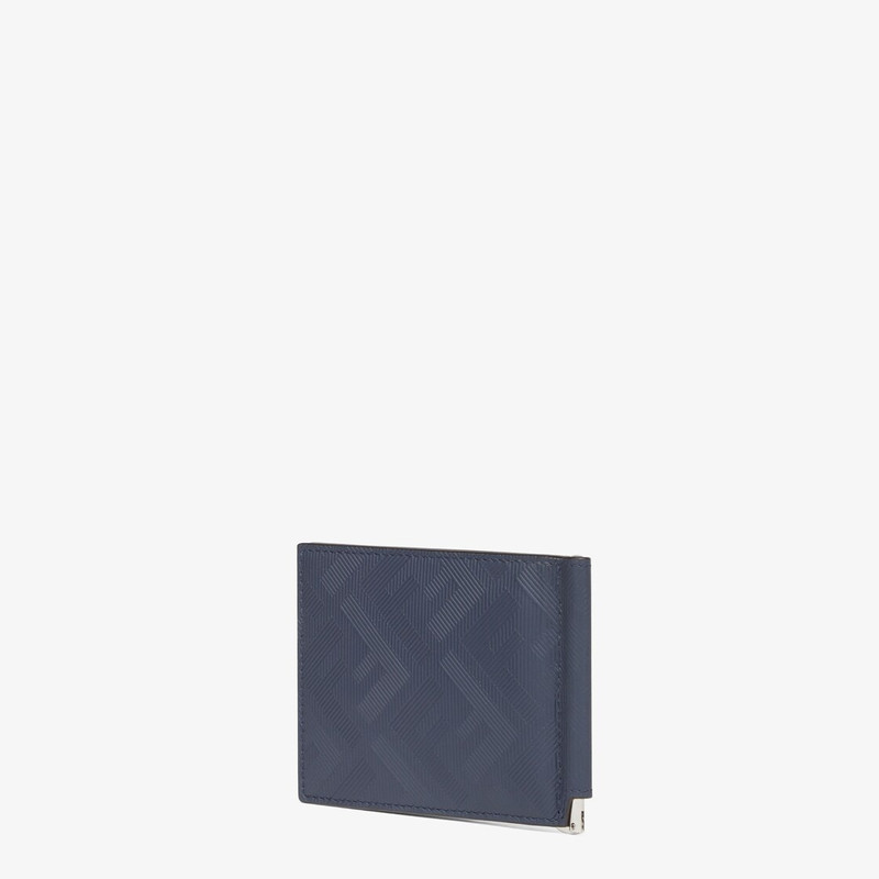 Flip-cover money clip with interior organized into six card slots. Made of blue leather with FF moti 2