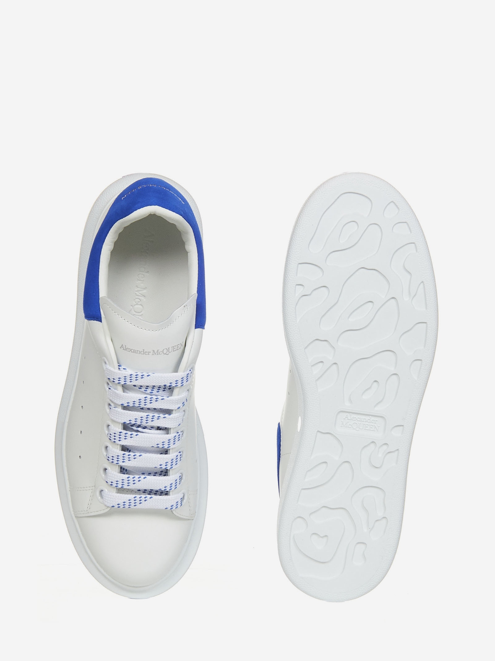 Oversize white smooth leather sneakers with electric blue suede detail on the heel. - 4