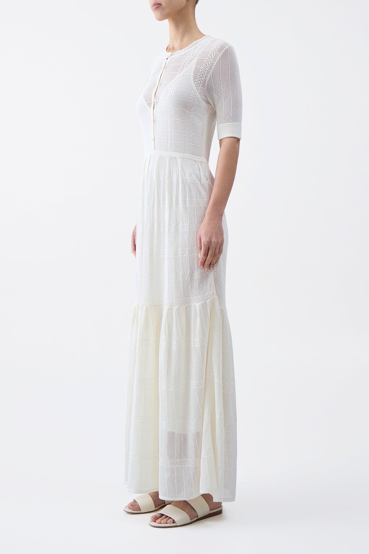Iris Pointelle Knit Dress with Slip in Ivory Cotton Silk - 3