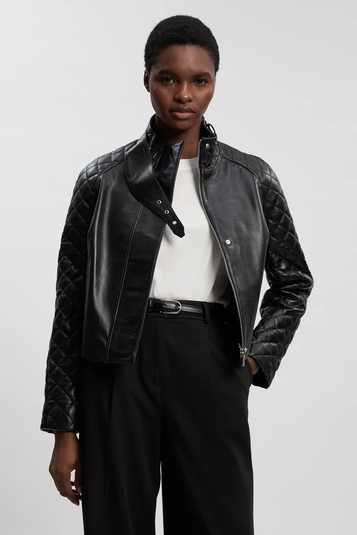Cropped Quilted Leather Biker Jacket - 1