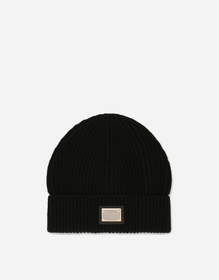 Knit cashmere hat with branded plate - 1